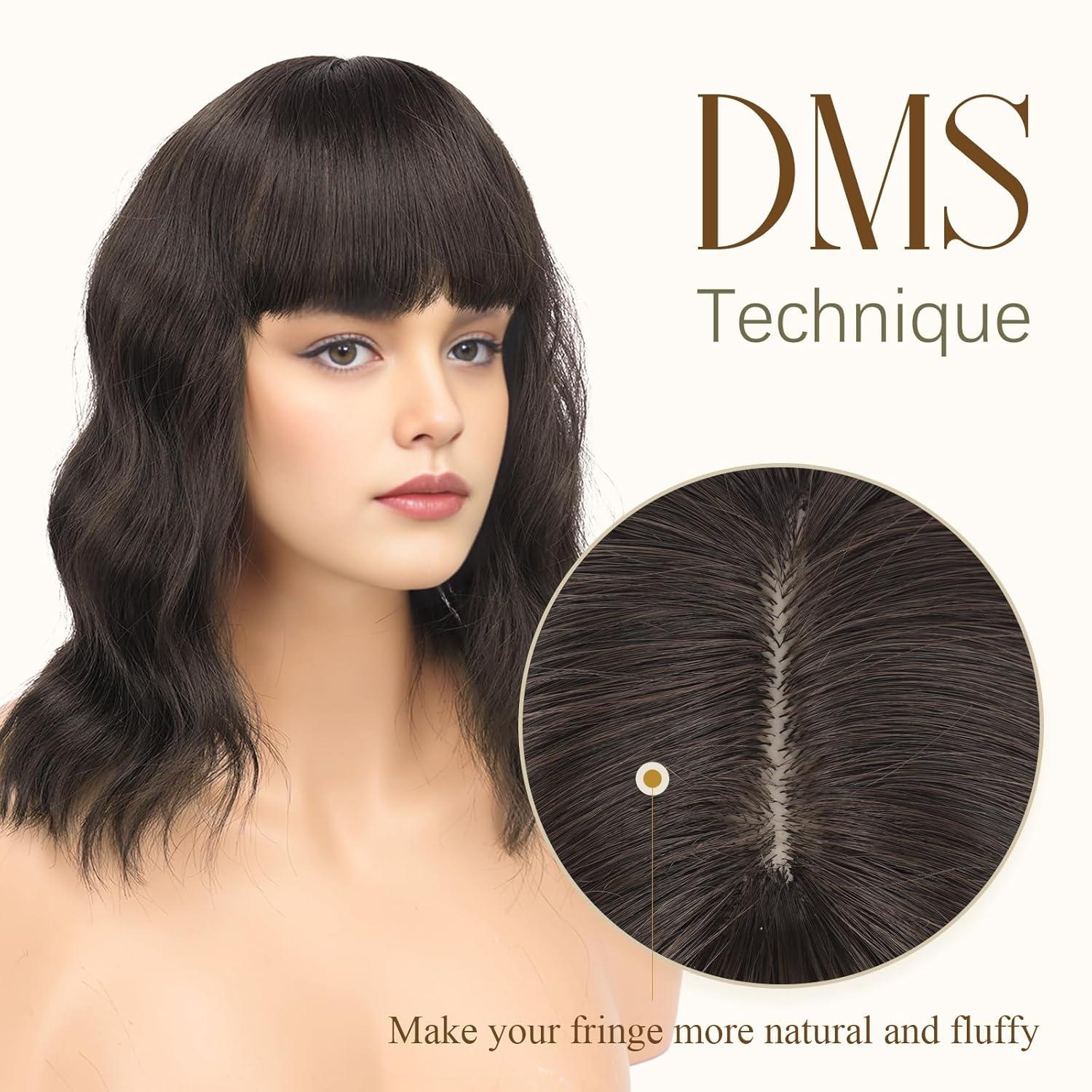 imageFESHFEN Shoulder Length Wigs with Bangs Ombre Blonde Natural Looking Wavy Medium Length Synthetic Hair Bob Wig for Women Daily Party Use 14 inchBrown