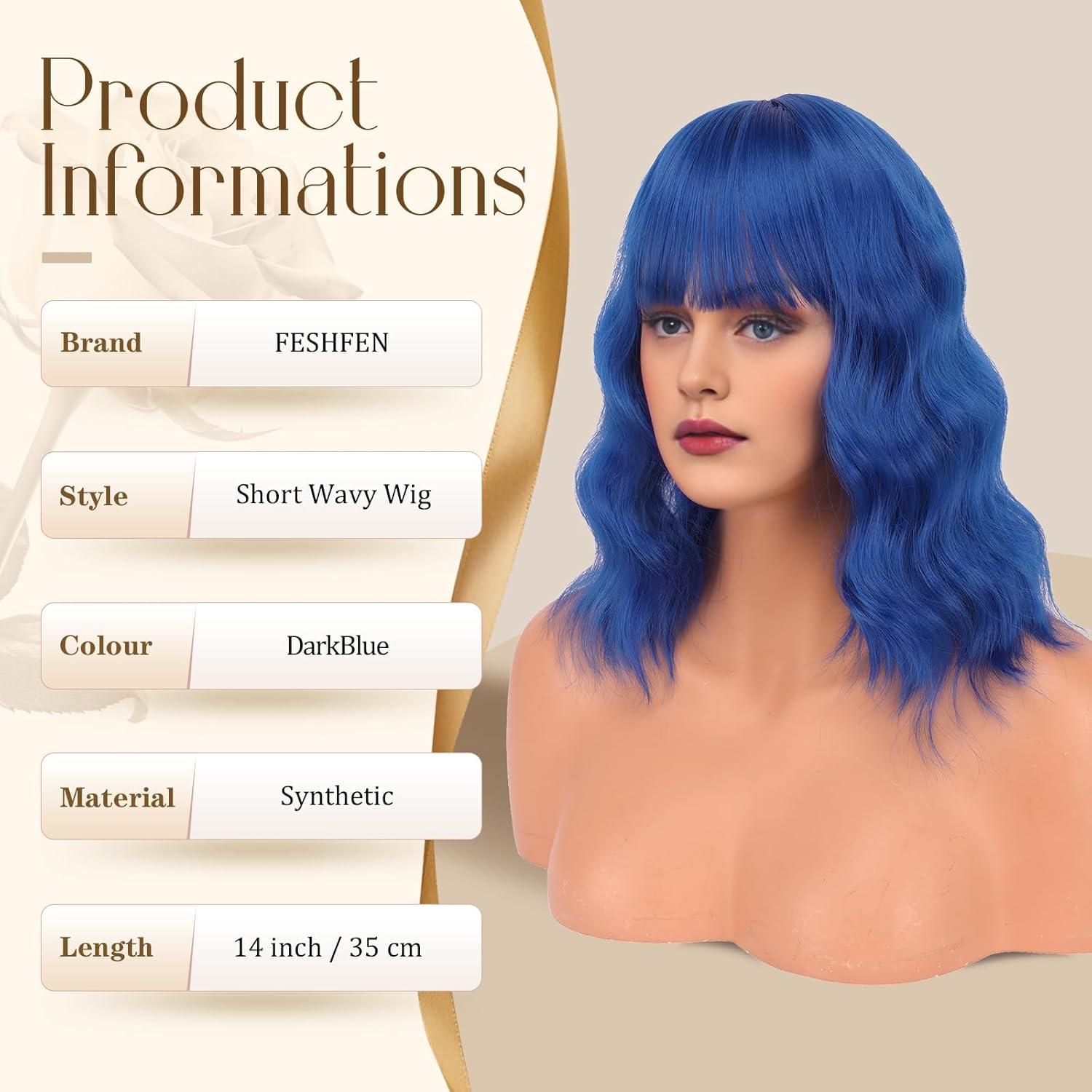 imageFESHFEN Shoulder Length Wigs with Bangs Ombre Blonde Natural Looking Wavy Medium Length Synthetic Hair Bob Wig for Women Daily Party Use 14 inchDark Blue