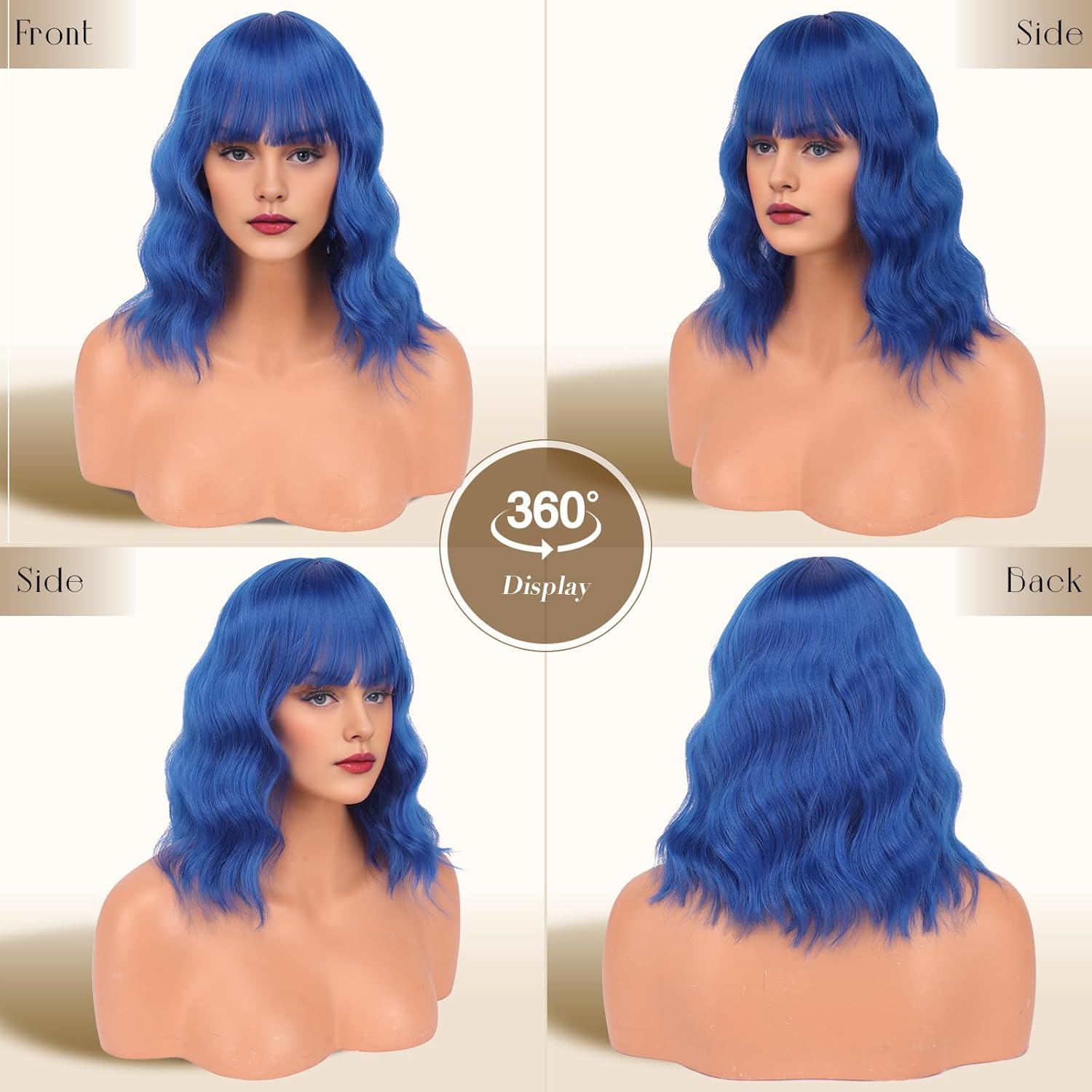 imageFESHFEN Shoulder Length Wigs with Bangs Ombre Blonde Natural Looking Wavy Medium Length Synthetic Hair Bob Wig for Women Daily Party Use 14 inchDark Blue