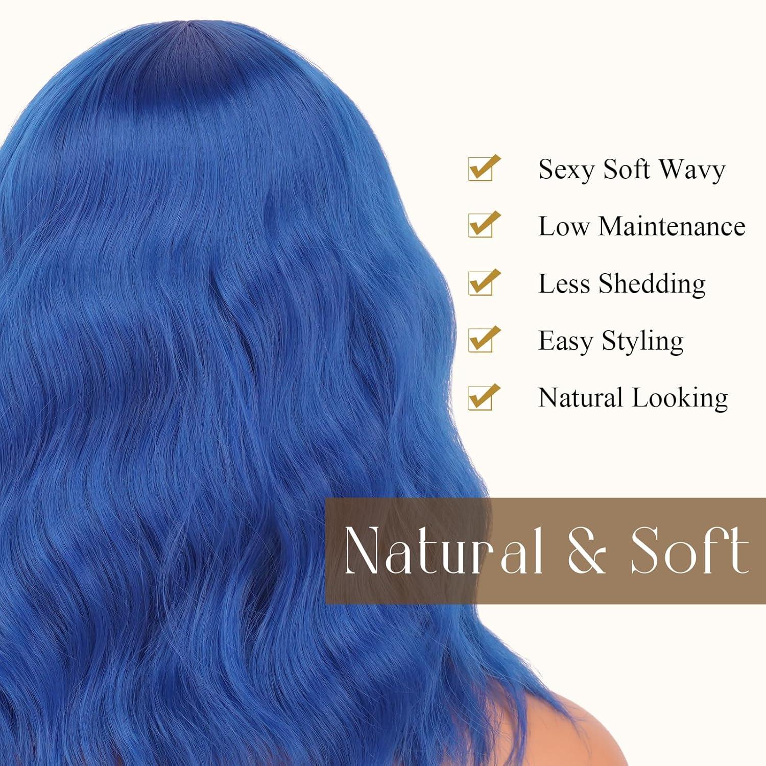 imageFESHFEN Shoulder Length Wigs with Bangs Ombre Blonde Natural Looking Wavy Medium Length Synthetic Hair Bob Wig for Women Daily Party Use 14 inchDark Blue