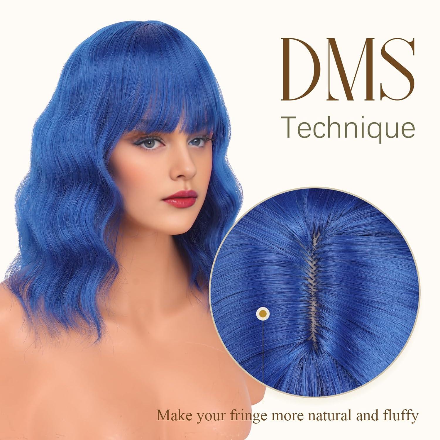 imageFESHFEN Shoulder Length Wigs with Bangs Ombre Blonde Natural Looking Wavy Medium Length Synthetic Hair Bob Wig for Women Daily Party Use 14 inchDark Blue