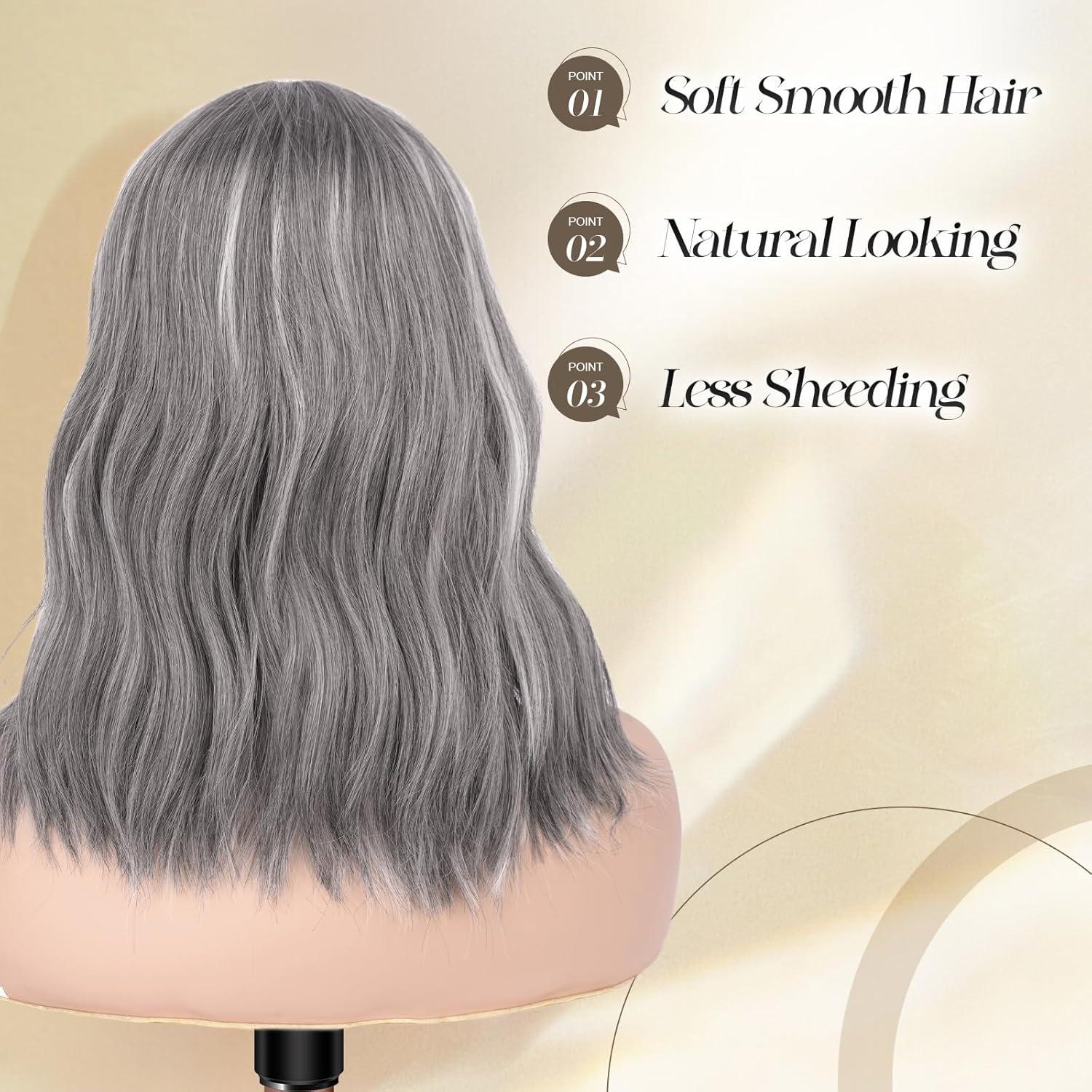 imageFESHFEN Shoulder Length Wigs with Bangs Ombre Blonde Natural Looking Wavy Medium Length Synthetic Hair Bob Wig for Women Daily Party Use 14 inchMix Grey