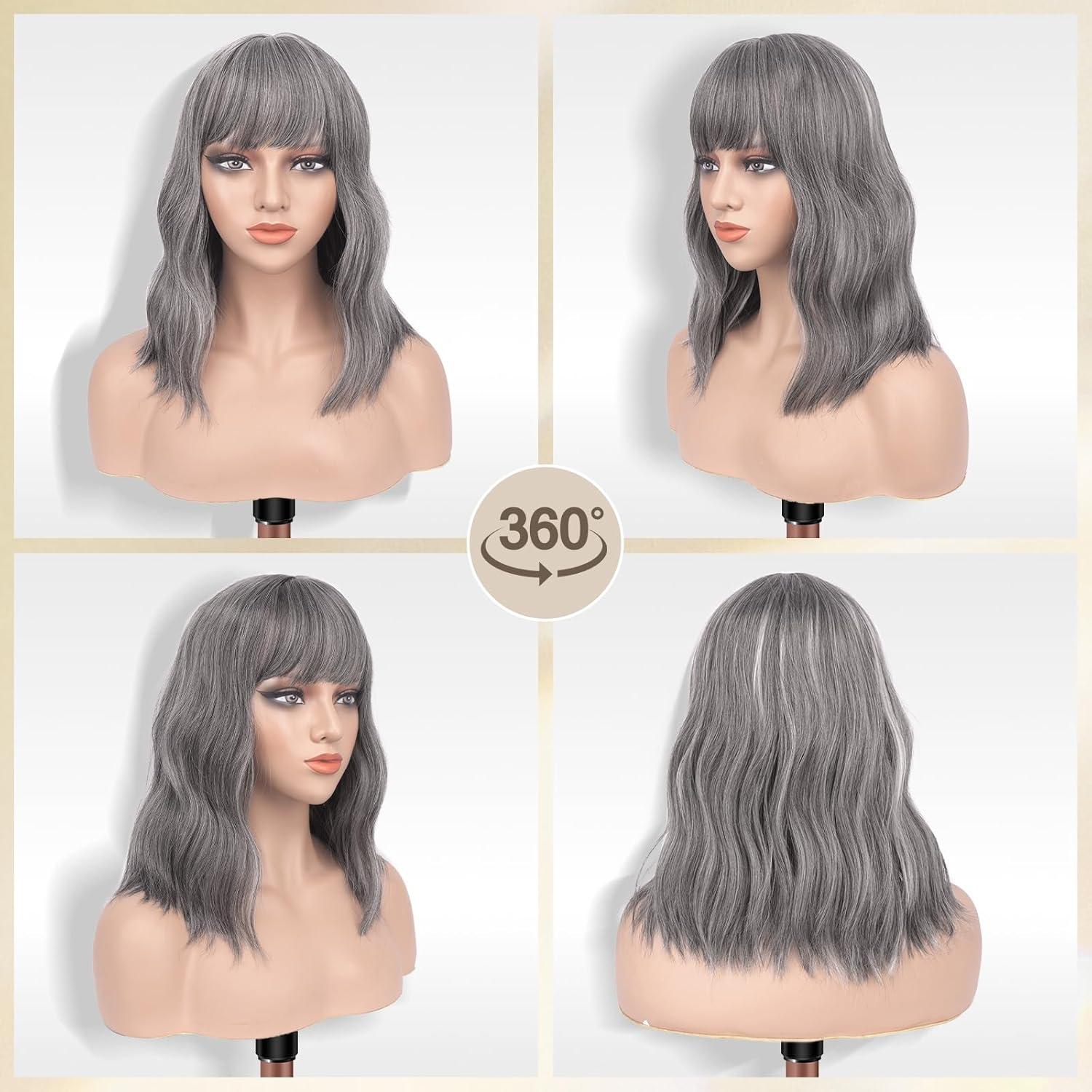imageFESHFEN Shoulder Length Wigs with Bangs Ombre Blonde Natural Looking Wavy Medium Length Synthetic Hair Bob Wig for Women Daily Party Use 14 inchMix Grey