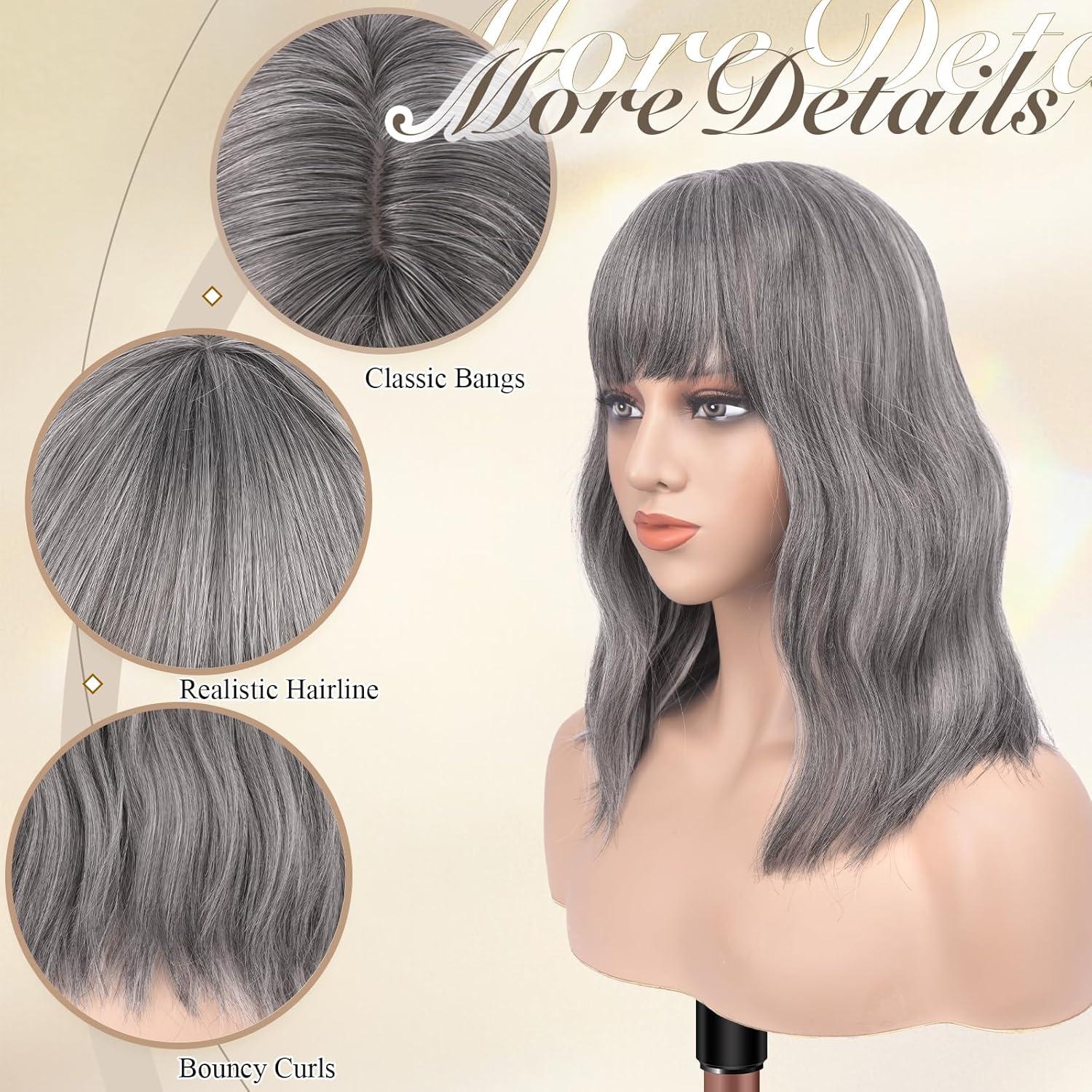 imageFESHFEN Shoulder Length Wigs with Bangs Ombre Blonde Natural Looking Wavy Medium Length Synthetic Hair Bob Wig for Women Daily Party Use 14 inchMix Grey