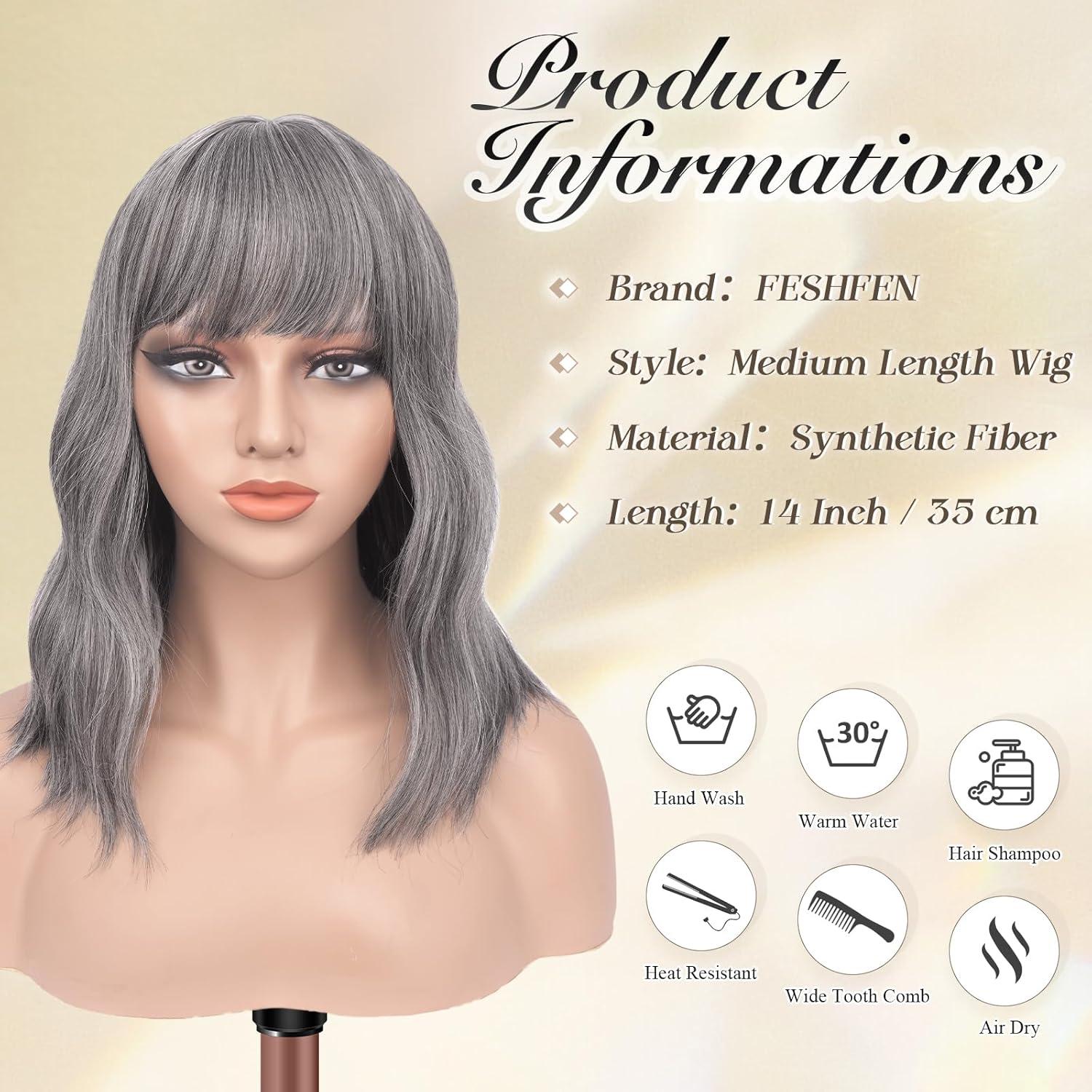 imageFESHFEN Shoulder Length Wigs with Bangs Ombre Blonde Natural Looking Wavy Medium Length Synthetic Hair Bob Wig for Women Daily Party Use 14 inchMix Grey