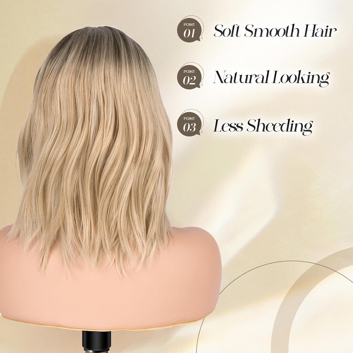 imageFESHFEN Shoulder Length Wigs with Bangs Ombre Blonde Natural Looking Wavy Medium Length Synthetic Hair Bob Wig for Women Daily Party Use 14 inchOmbre Blonde
