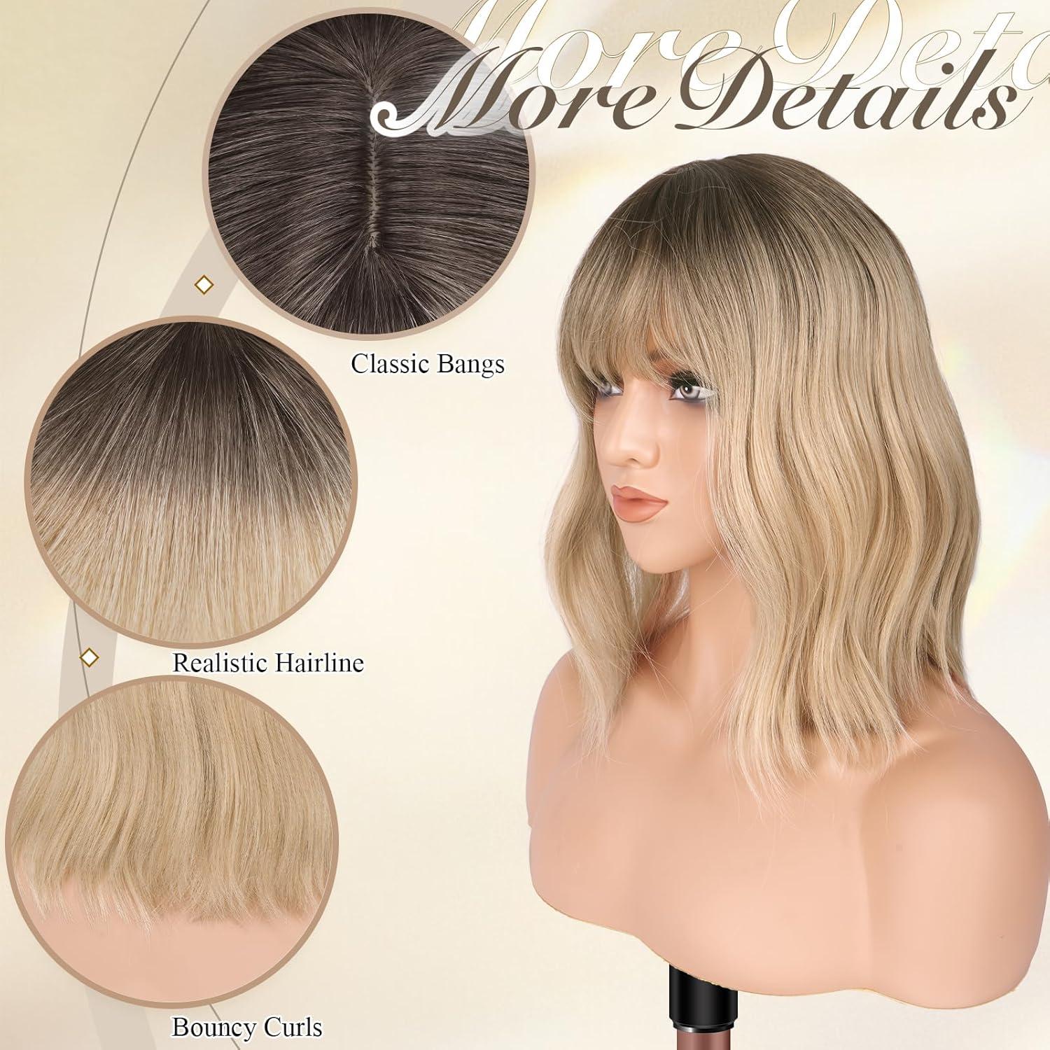 imageFESHFEN Shoulder Length Wigs with Bangs Ombre Blonde Natural Looking Wavy Medium Length Synthetic Hair Bob Wig for Women Daily Party Use 14 inchOmbre Blonde