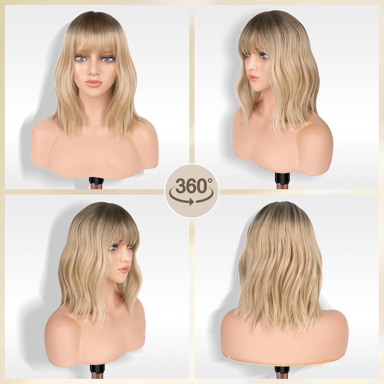 imageFESHFEN Shoulder Length Wigs with Bangs Ombre Blonde Natural Looking Wavy Medium Length Synthetic Hair Bob Wig for Women Daily Party Use 14 inchOmbre Blonde