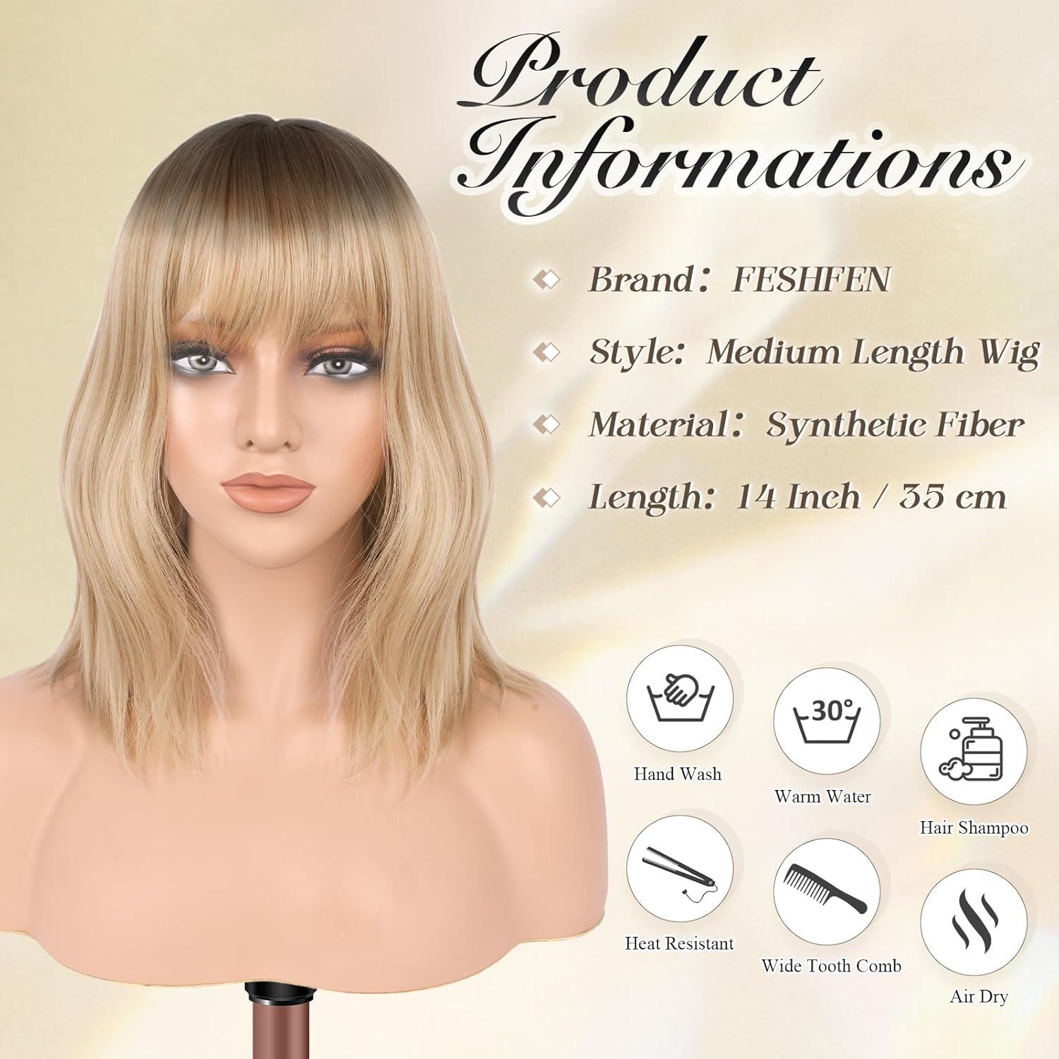 imageFESHFEN Shoulder Length Wigs with Bangs Ombre Blonde Natural Looking Wavy Medium Length Synthetic Hair Bob Wig for Women Daily Party Use 14 inchOmbre Blonde