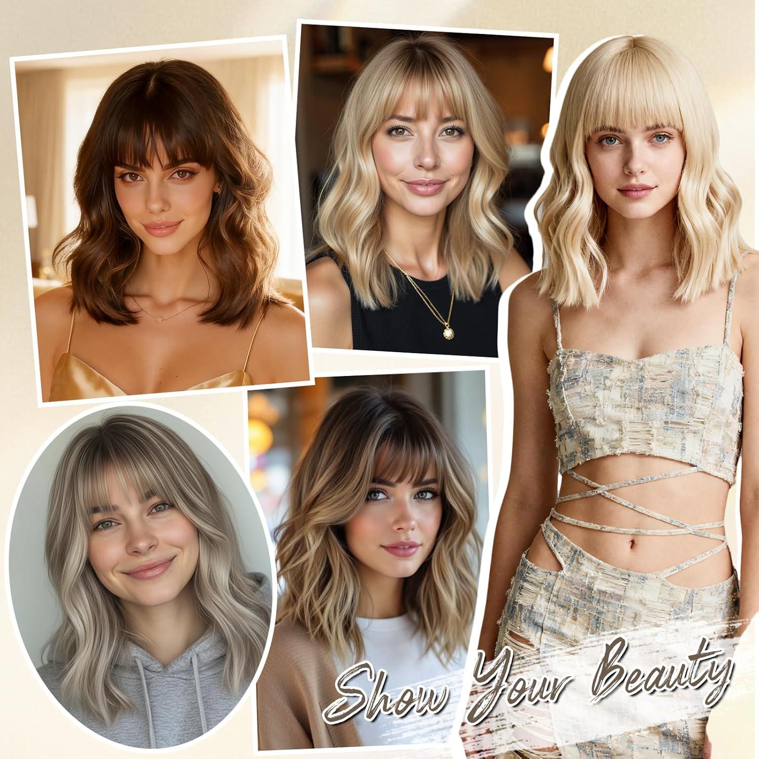imageFESHFEN Shoulder Length Wigs with Bangs Ombre Blonde Natural Looking Wavy Medium Length Synthetic Hair Bob Wig for Women Daily Party Use 14 inchOmbre Blonde