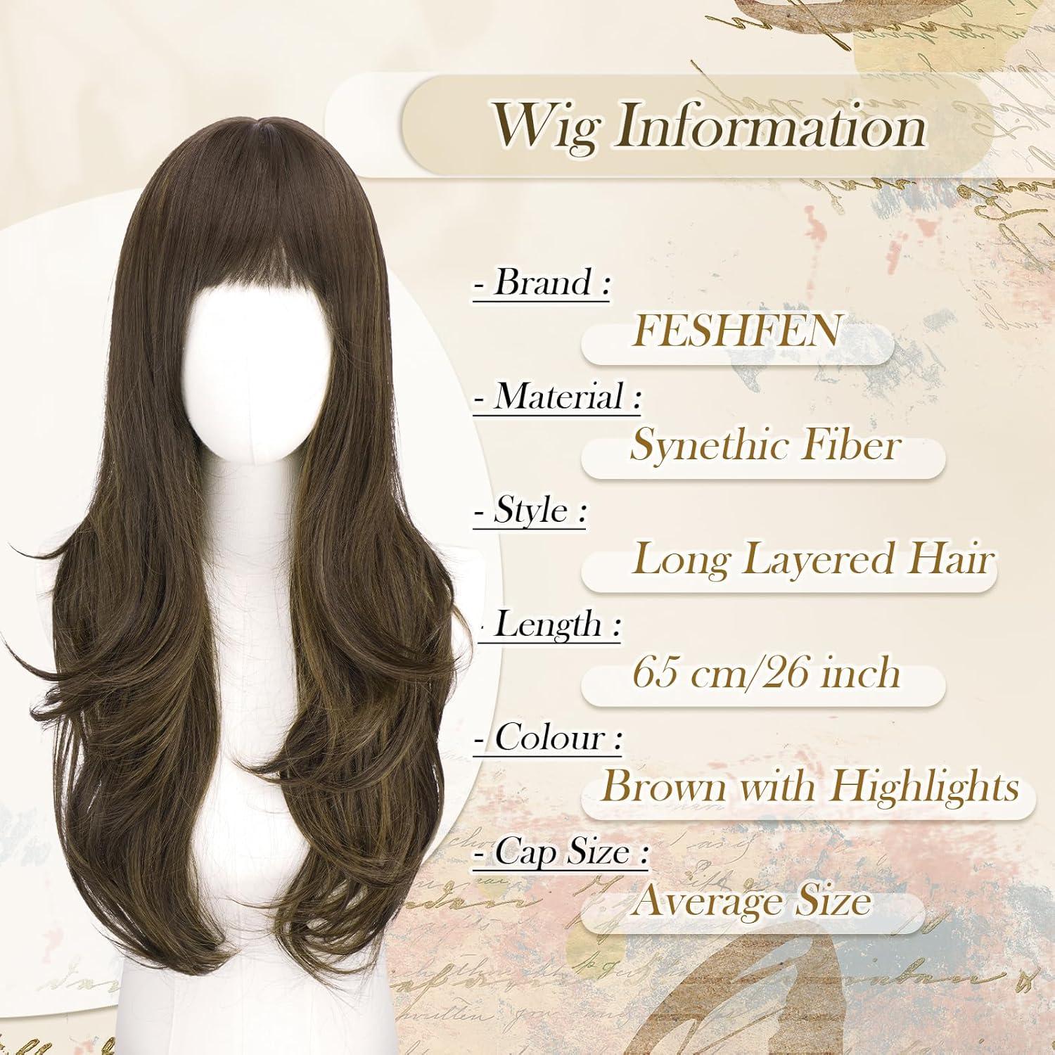 imageFESHFEN Wigs for Women Long Layered Wigs with Curtain Bangs Natural Looking Synthetic Heat Resistant Hair Wig for Daily Use Party 26 inch Ombre BrownBrown with Highlights