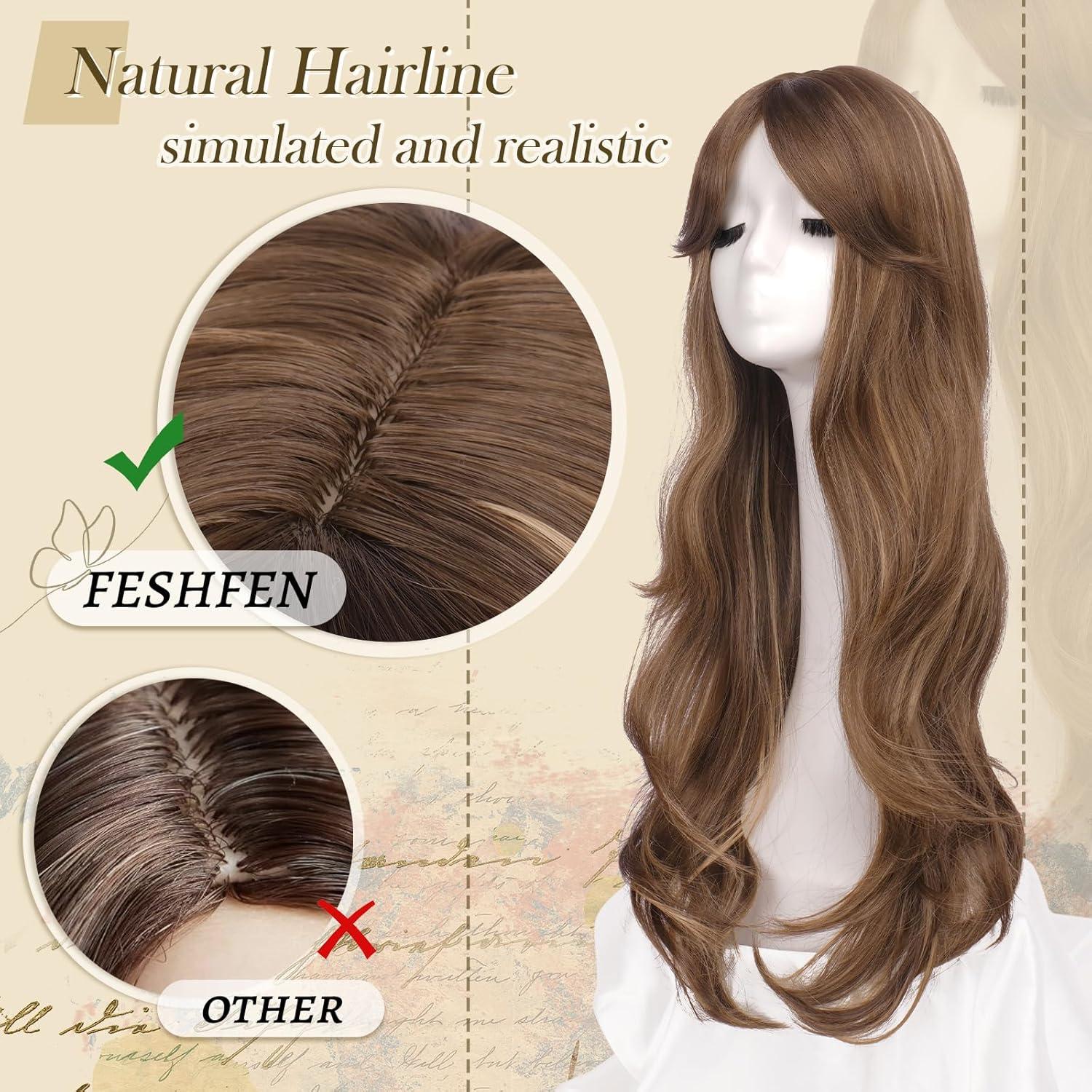imageFESHFEN Wigs for Women Long Layered Wigs with Curtain Bangs Natural Looking Synthetic Heat Resistant Hair Wig for Daily Use Party 26 inch Ombre BrownBrown Mixed Blonde