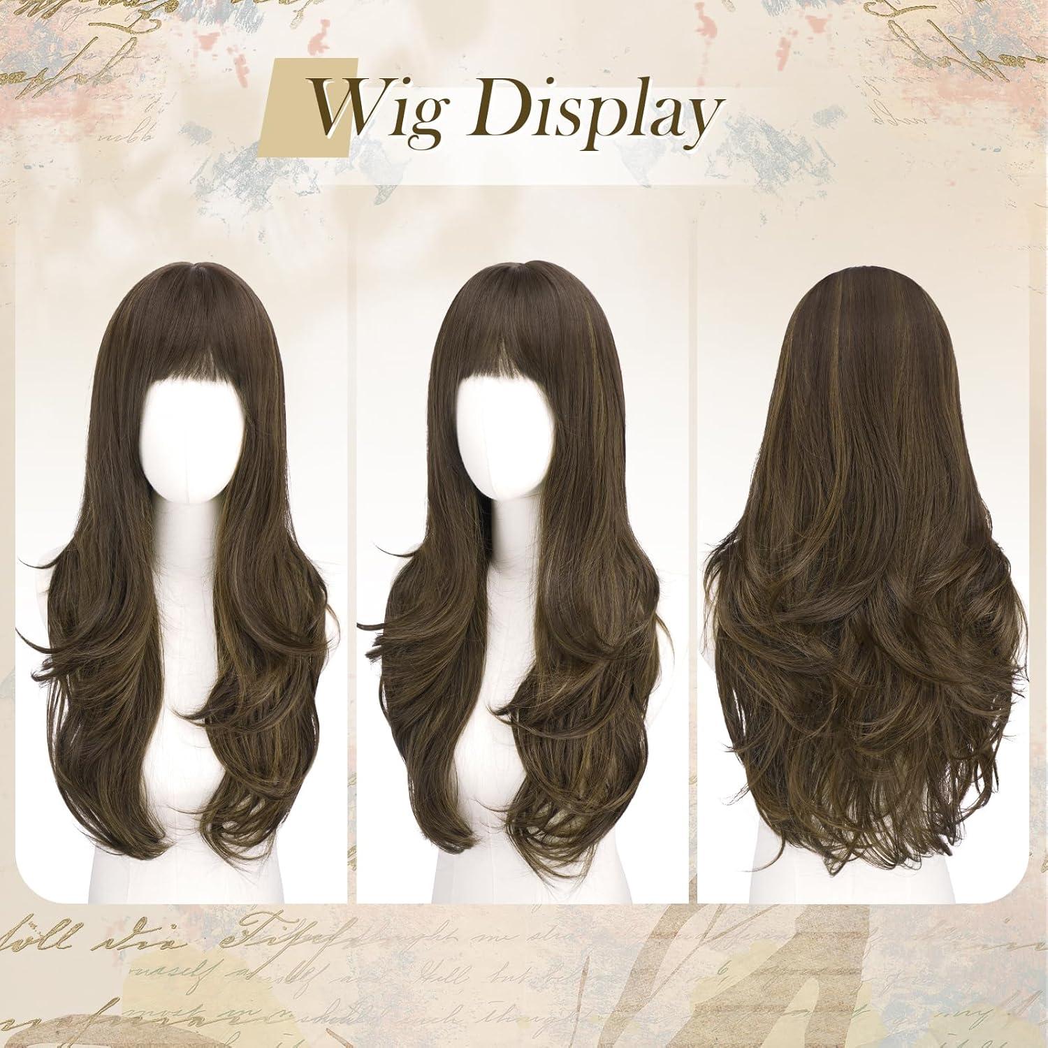 imageFESHFEN Wigs for Women Long Layered Wigs with Curtain Bangs Natural Looking Synthetic Heat Resistant Hair Wig for Daily Use Party 26 inch Ombre BrownBrown with Highlights