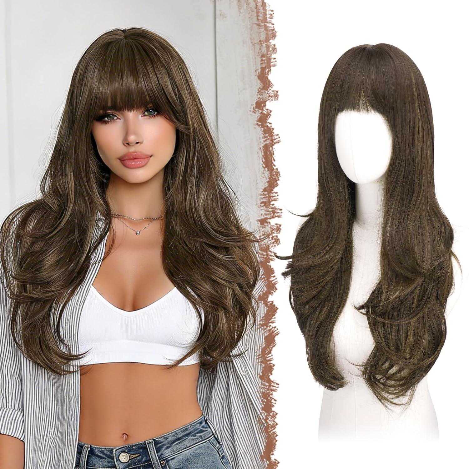 imageFESHFEN Wigs for Women Long Layered Wigs with Curtain Bangs Natural Looking Synthetic Heat Resistant Hair Wig for Daily Use Party 26 inch Ombre BrownBrown with Highlights