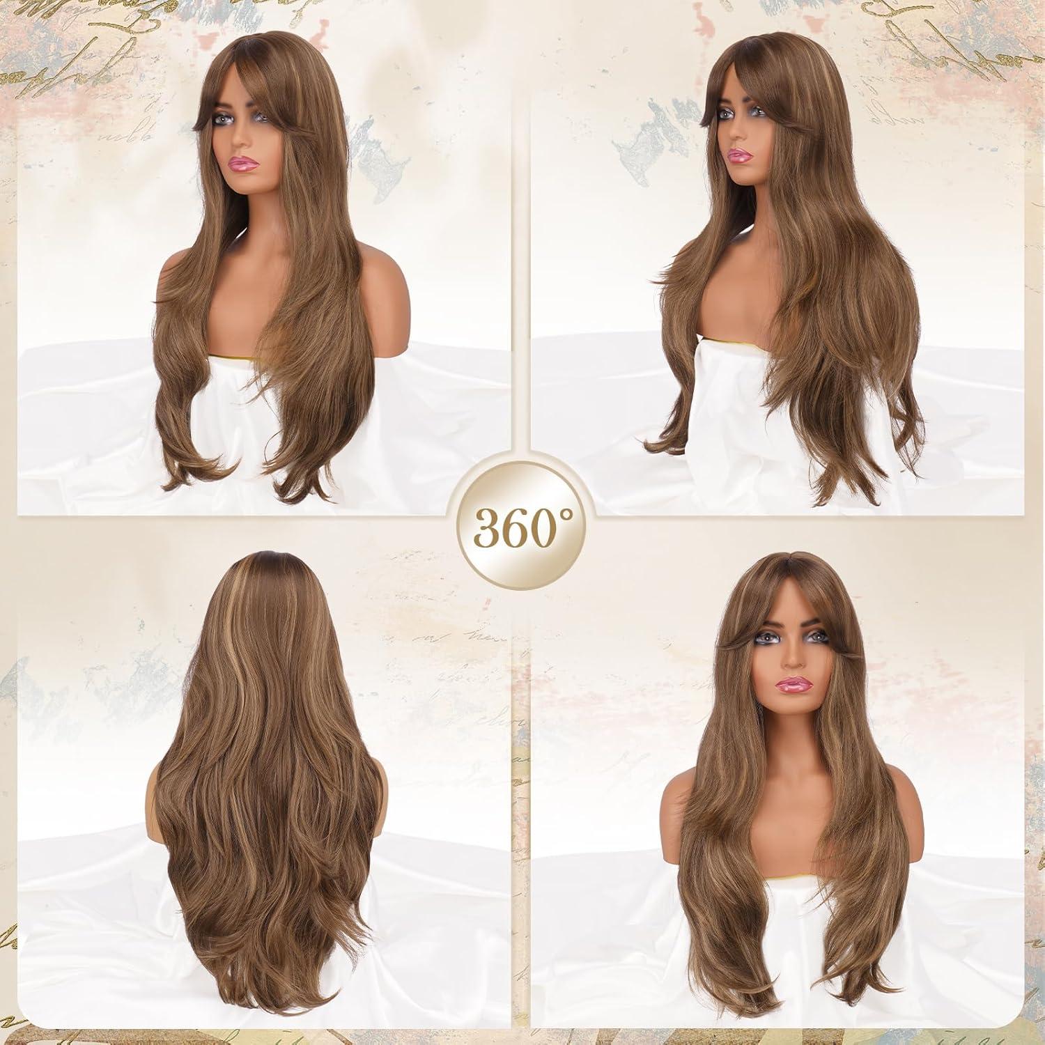 imageFESHFEN Wigs for Women Long Layered Wigs with Curtain Bangs Natural Looking Synthetic Heat Resistant Hair Wig for Daily Use Party 26 inch Ombre BrownBrown Mixed Blonde
