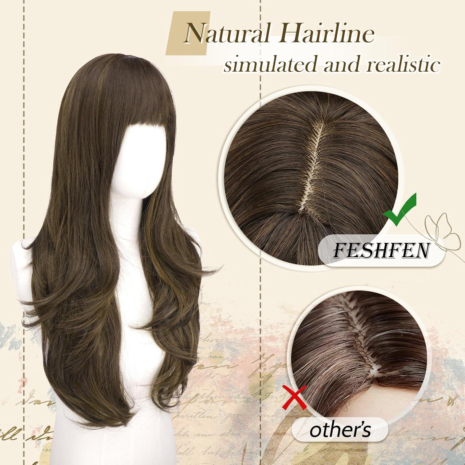 imageFESHFEN Wigs for Women Long Layered Wigs with Curtain Bangs Natural Looking Synthetic Heat Resistant Hair Wig for Daily Use Party 26 inch Ombre BrownBrown with Highlights