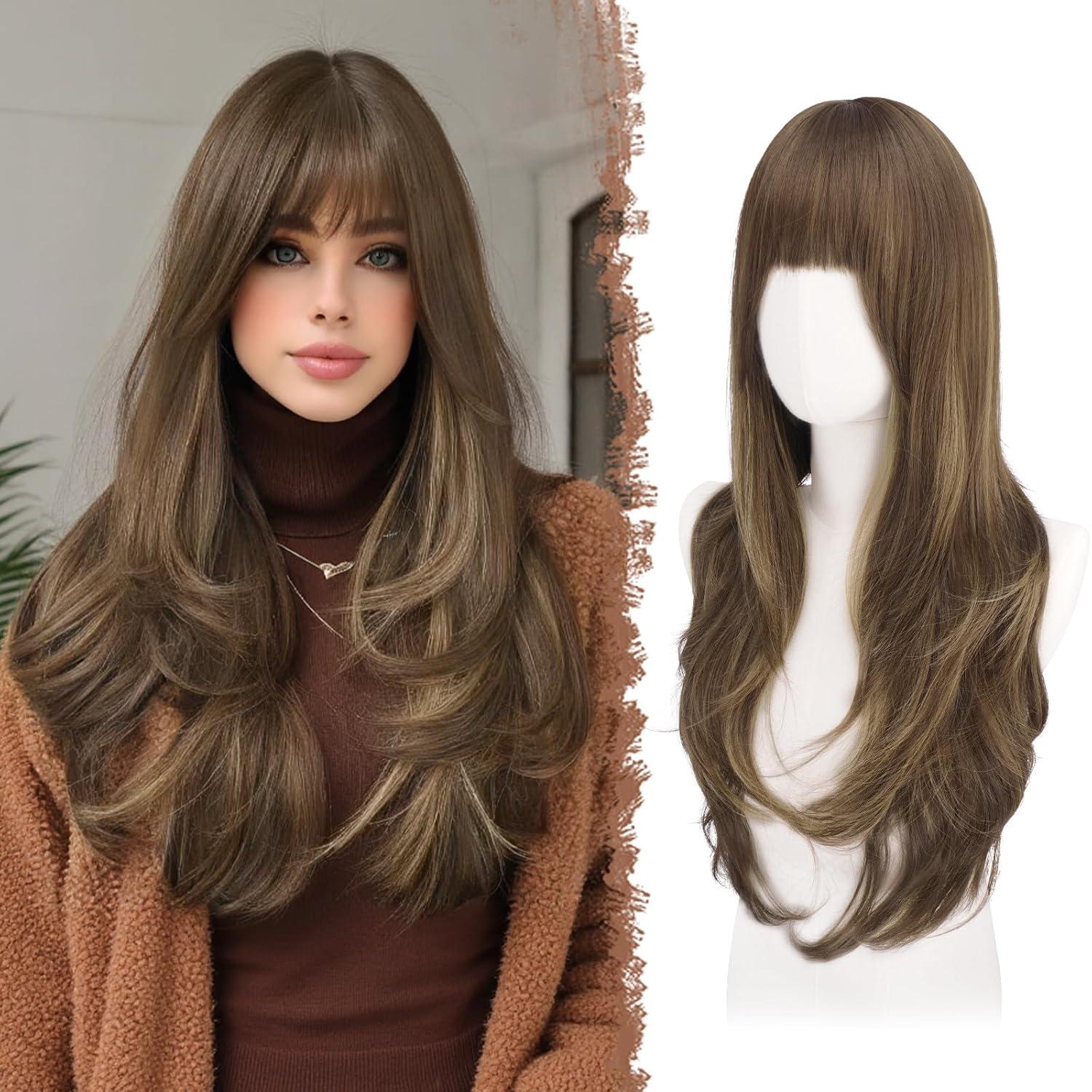 imageFESHFEN Wigs for Women Long Layered Wigs with Curtain Bangs Natural Looking Synthetic Heat Resistant Hair Wig for Daily Use Party 26 inch Ombre BrownBrown Mixed Blonde