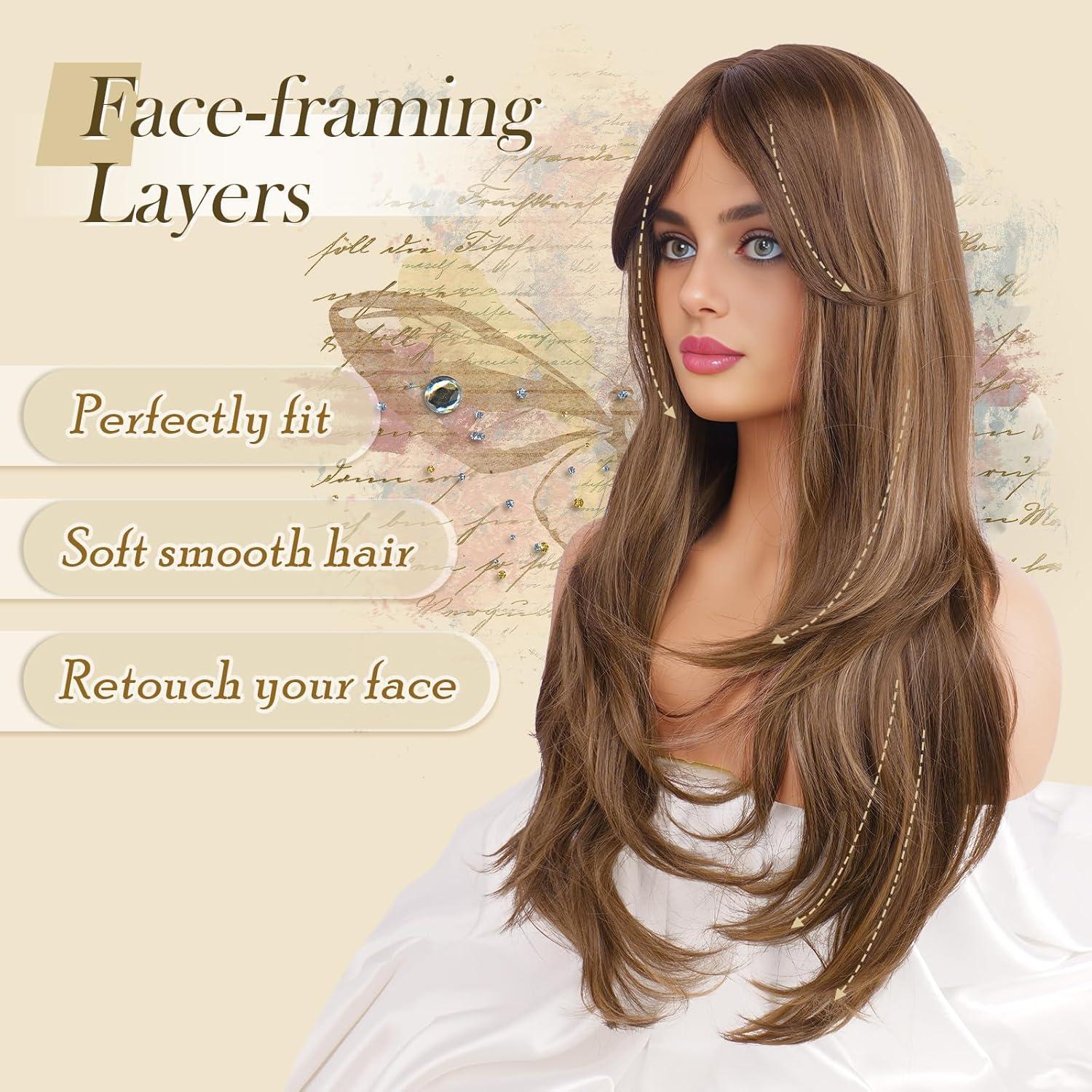 imageFESHFEN Wigs for Women Long Layered Wigs with Curtain Bangs Natural Looking Synthetic Heat Resistant Hair Wig for Daily Use Party 26 inch Ombre BrownBrown Mixed Blonde