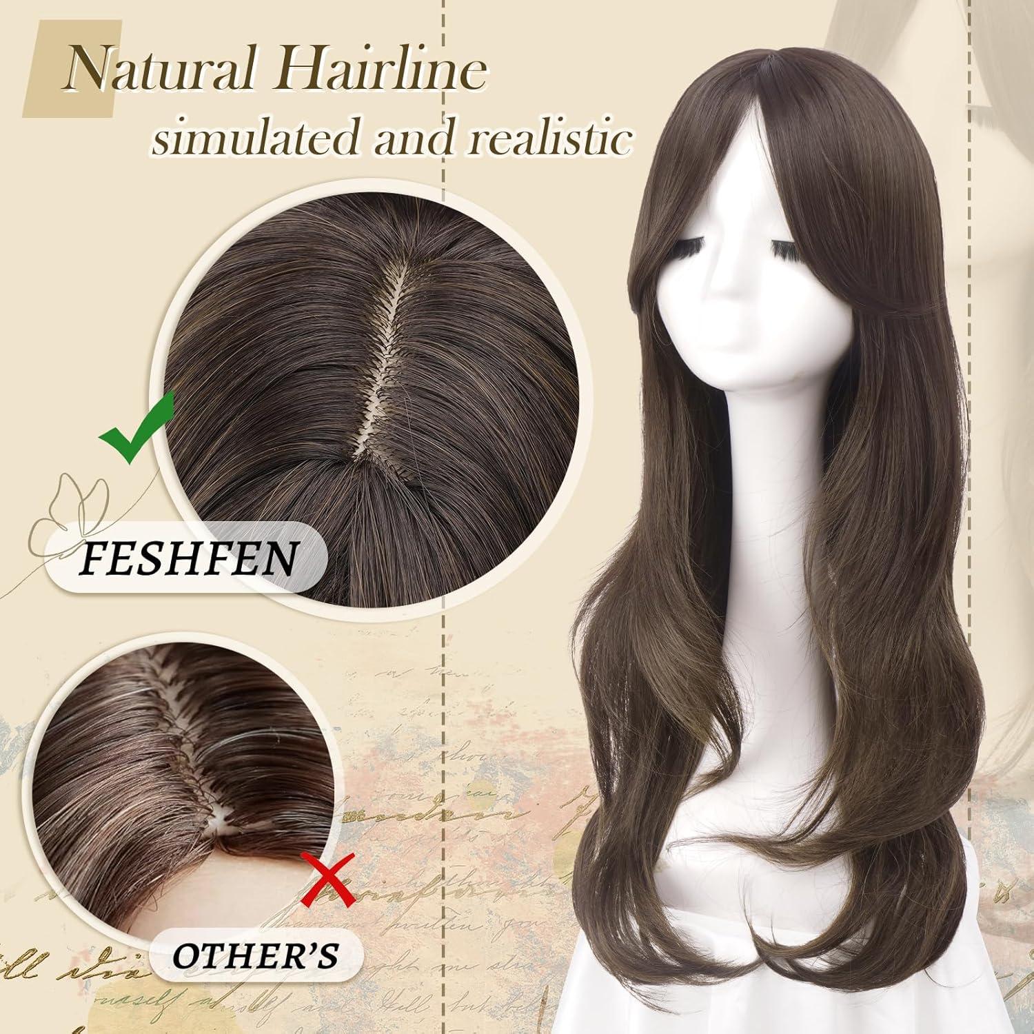 imageFESHFEN Wigs for Women Long Layered Wigs with Curtain Bangs Natural Looking Synthetic Heat Resistant Hair Wig for Daily Use Party 26 inch Ombre BrownBrown with Highlights