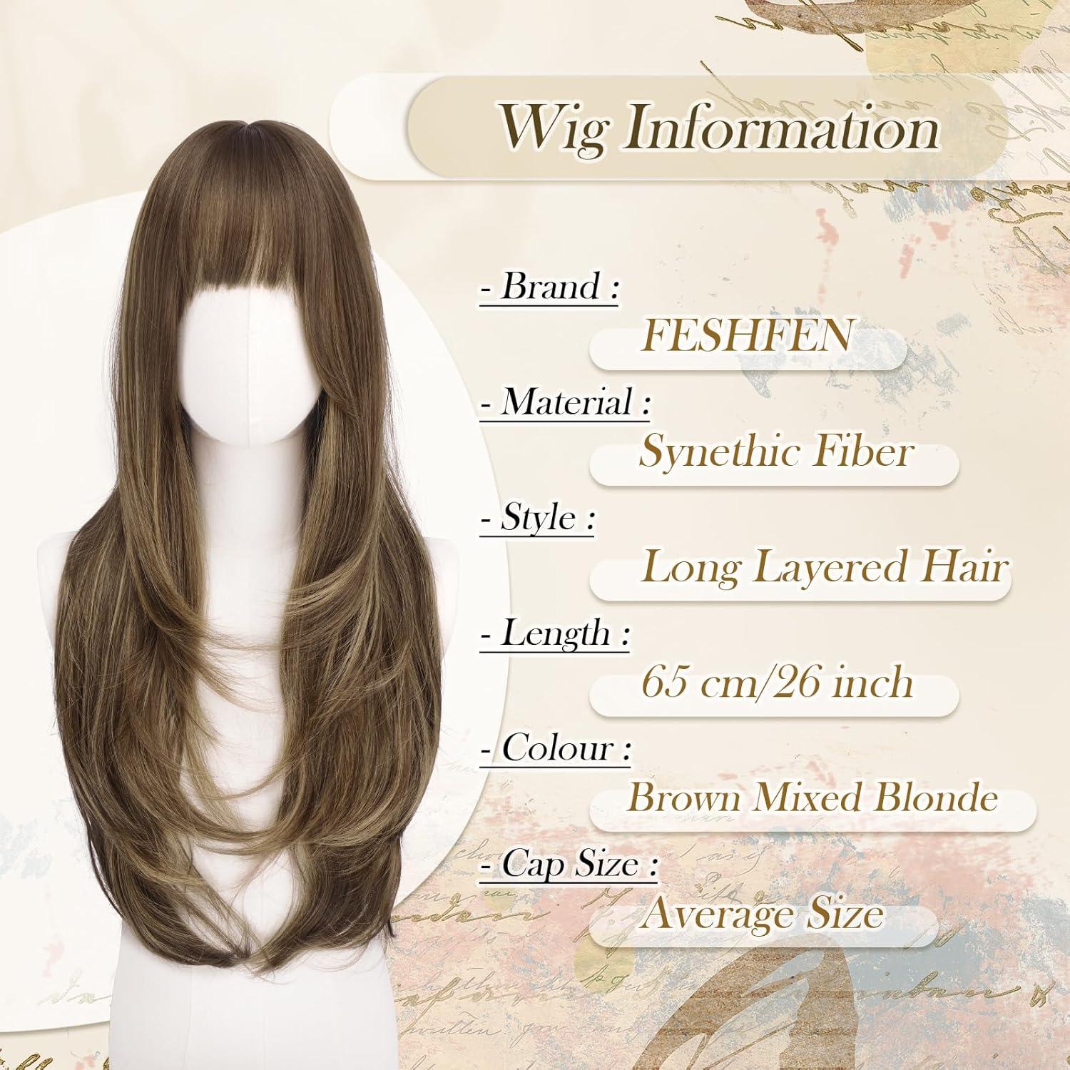 imageFESHFEN Wigs for Women Long Layered Wigs with Curtain Bangs Natural Looking Synthetic Heat Resistant Hair Wig for Daily Use Party 26 inch Ombre BrownBrown Mixed Blonde