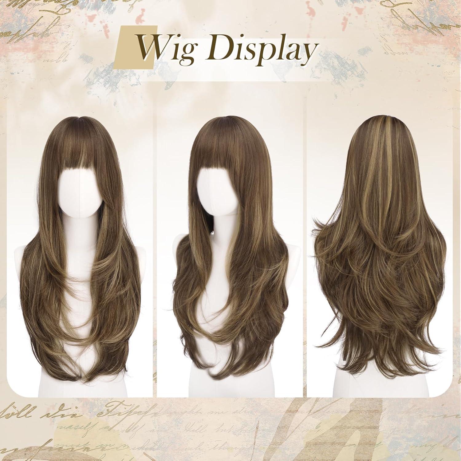 imageFESHFEN Wigs for Women Long Layered Wigs with Curtain Bangs Natural Looking Synthetic Heat Resistant Hair Wig for Daily Use Party 26 inch Ombre BrownBrown Mixed Blonde