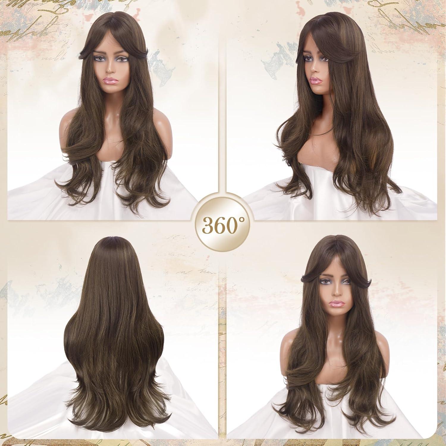 imageFESHFEN Wigs for Women Long Layered Wigs with Curtain Bangs Natural Looking Synthetic Heat Resistant Hair Wig for Daily Use Party 26 inch Ombre BrownBrown with Highlights