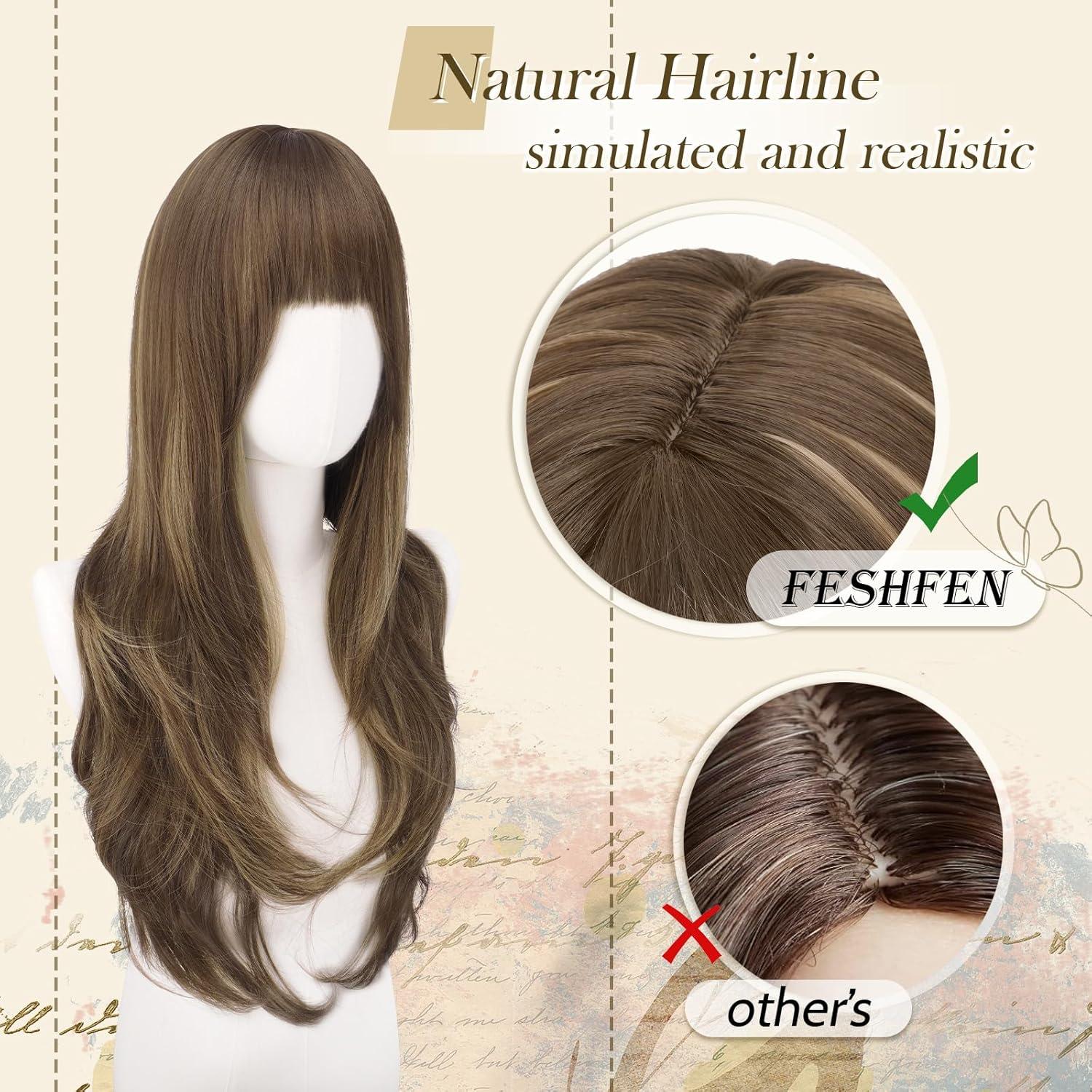 imageFESHFEN Wigs for Women Long Layered Wigs with Curtain Bangs Natural Looking Synthetic Heat Resistant Hair Wig for Daily Use Party 26 inch Ombre BrownBrown Mixed Blonde
