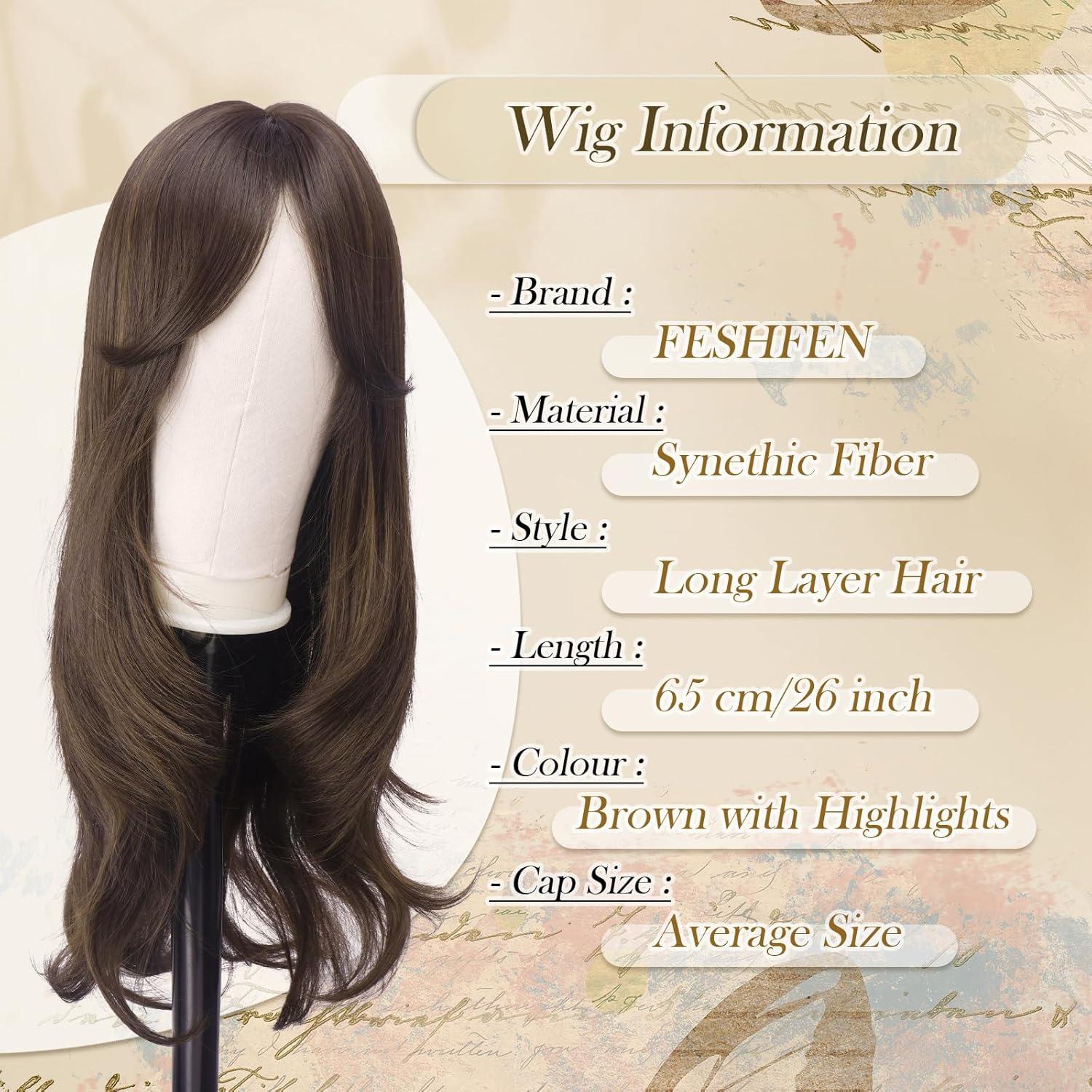 imageFESHFEN Wigs for Women Long Layered Wigs with Curtain Bangs Natural Looking Synthetic Heat Resistant Hair Wig for Daily Use Party 26 inch Ombre BrownBrown with Highlights