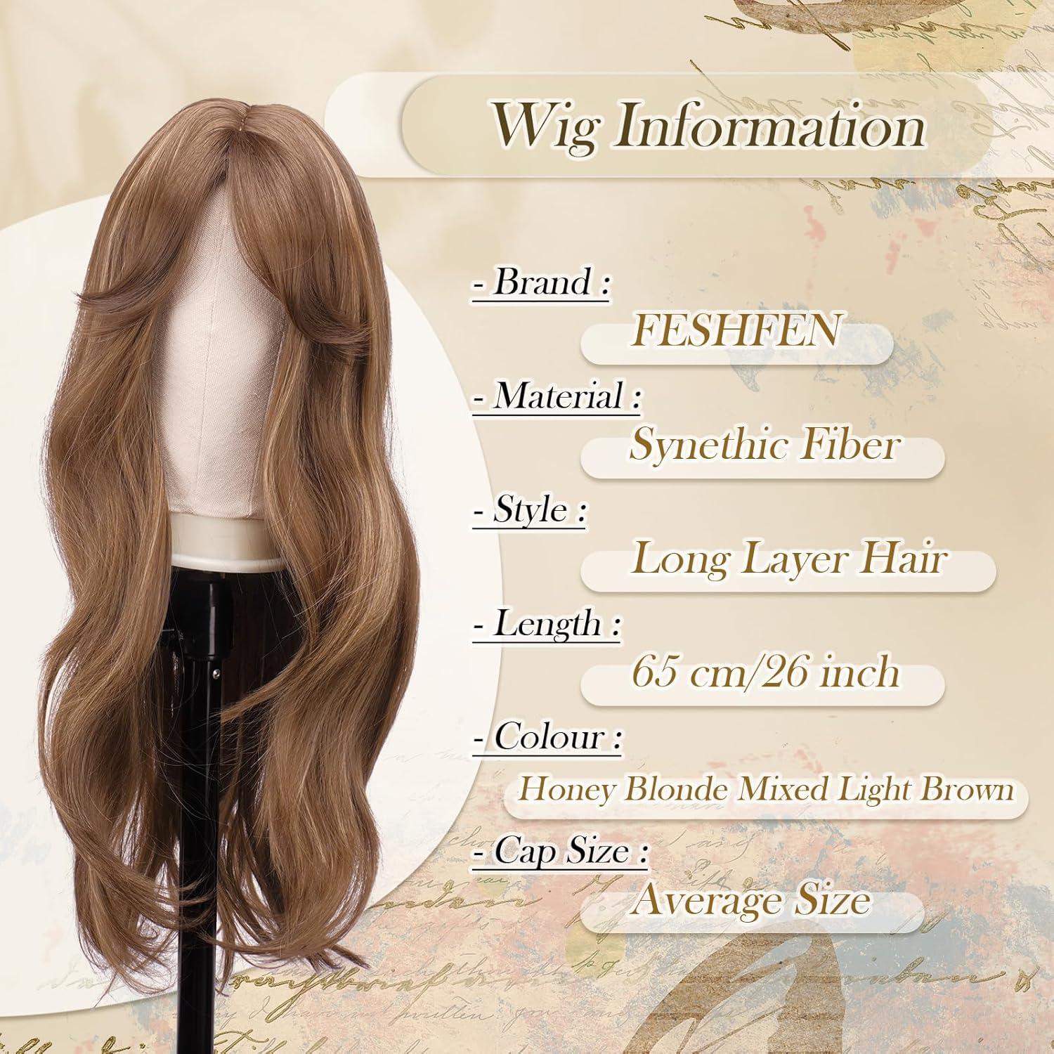 imageFESHFEN Wigs for Women Long Layered Wigs with Curtain Bangs Natural Looking Synthetic Heat Resistant Hair Wig for Daily Use Party 26 inch Ombre BrownBrown Mixed Blonde