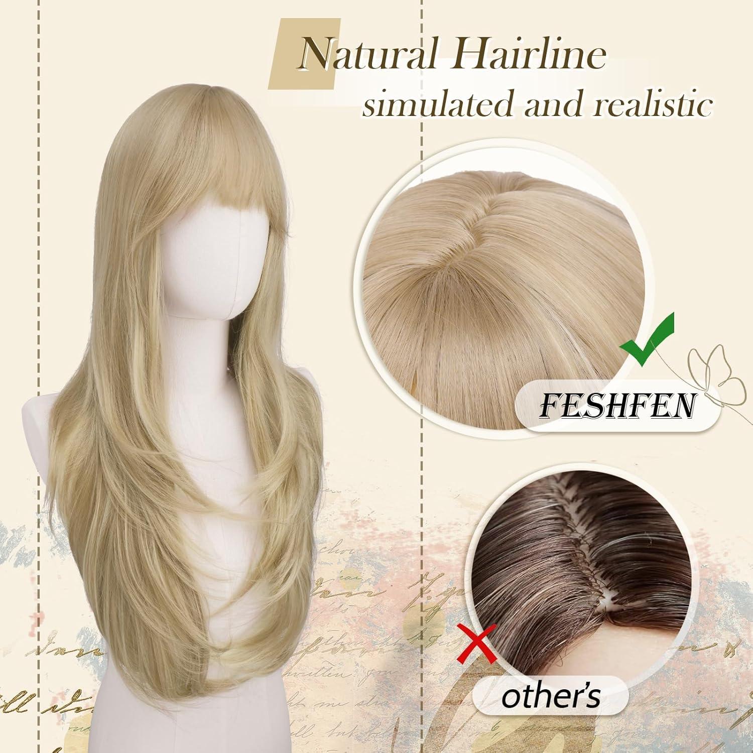 imageFESHFEN Wigs for Women Long Layered Wigs with Curtain Bangs Natural Looking Synthetic Heat Resistant Hair Wig for Daily Use Party 26 inch Ombre BrownDirty Blonde