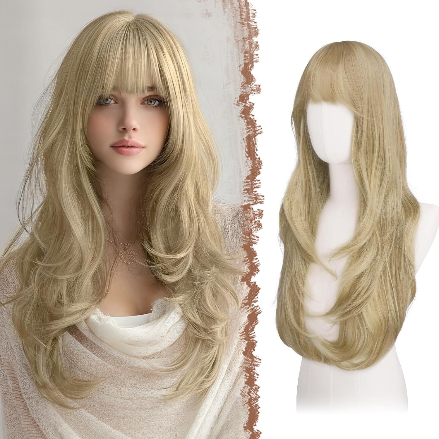 imageFESHFEN Wigs for Women Long Layered Wigs with Curtain Bangs Natural Looking Synthetic Heat Resistant Hair Wig for Daily Use Party 26 inch Ombre BrownDirty Blonde