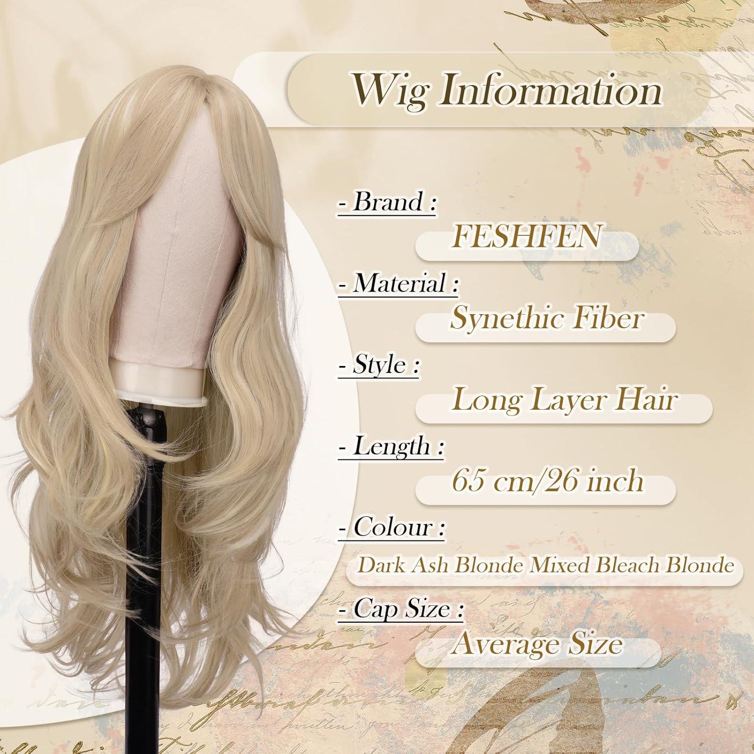 imageFESHFEN Wigs for Women Long Layered Wigs with Curtain Bangs Natural Looking Synthetic Heat Resistant Hair Wig for Daily Use Party 26 inch Ombre BrownDirty Blonde