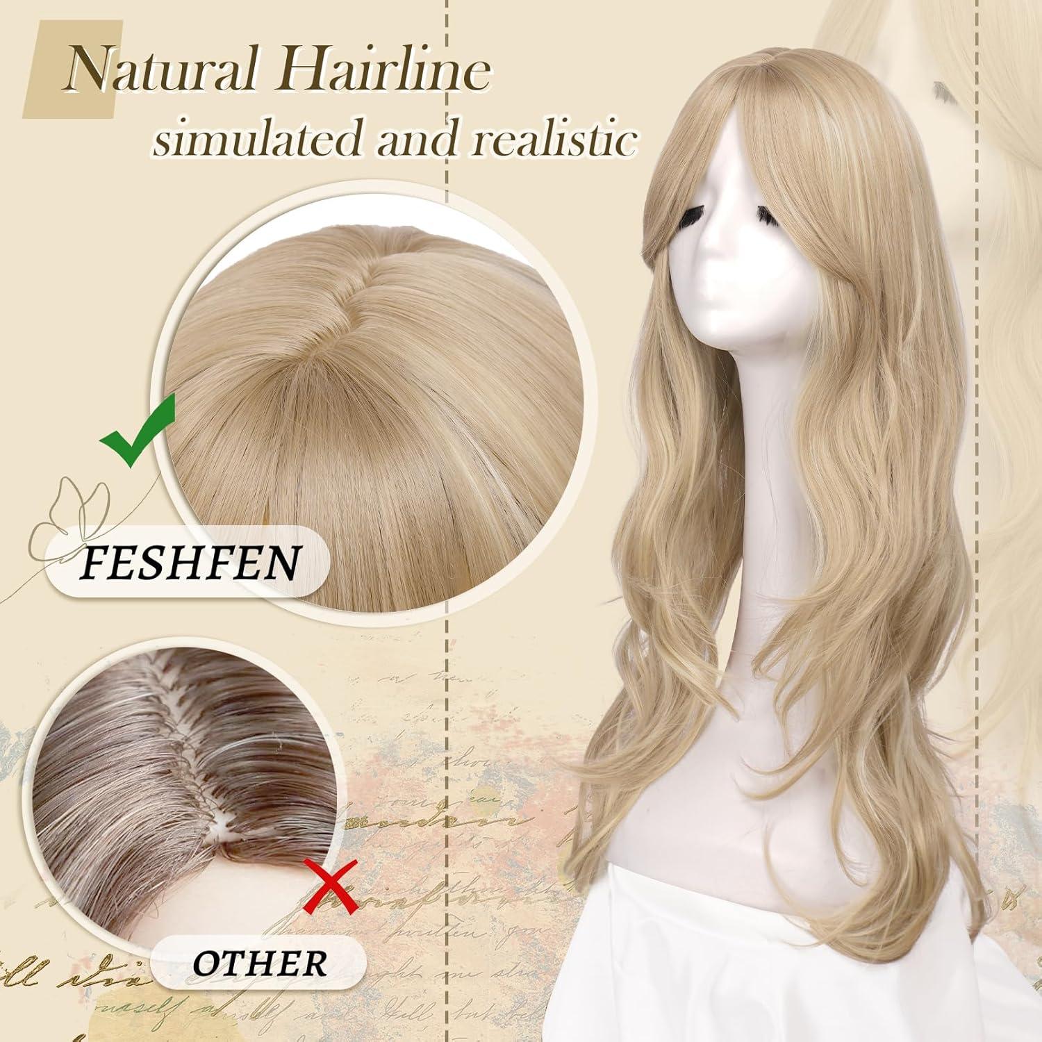 imageFESHFEN Wigs for Women Long Layered Wigs with Curtain Bangs Natural Looking Synthetic Heat Resistant Hair Wig for Daily Use Party 26 inch Ombre BrownDirty Blonde