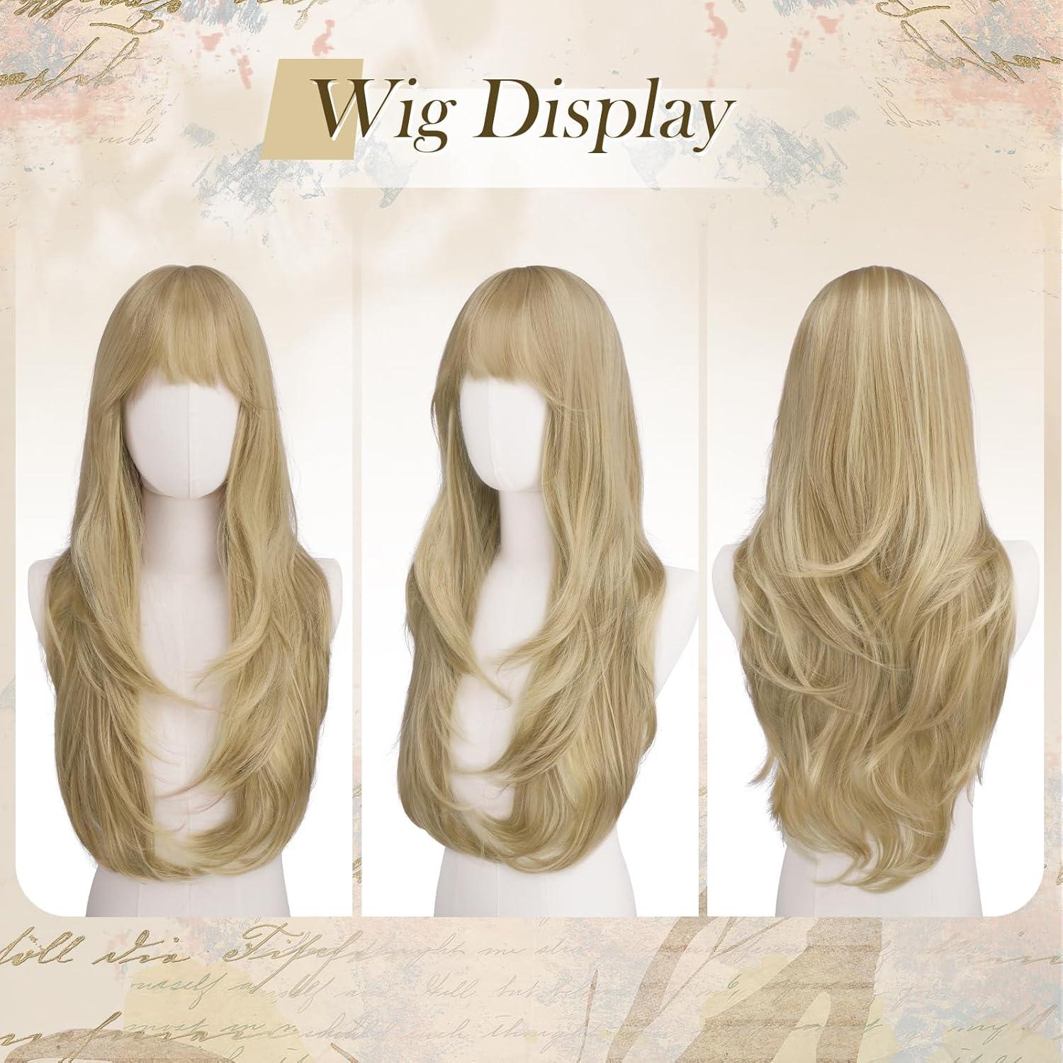 imageFESHFEN Wigs for Women Long Layered Wigs with Curtain Bangs Natural Looking Synthetic Heat Resistant Hair Wig for Daily Use Party 26 inch Ombre BrownDirty Blonde