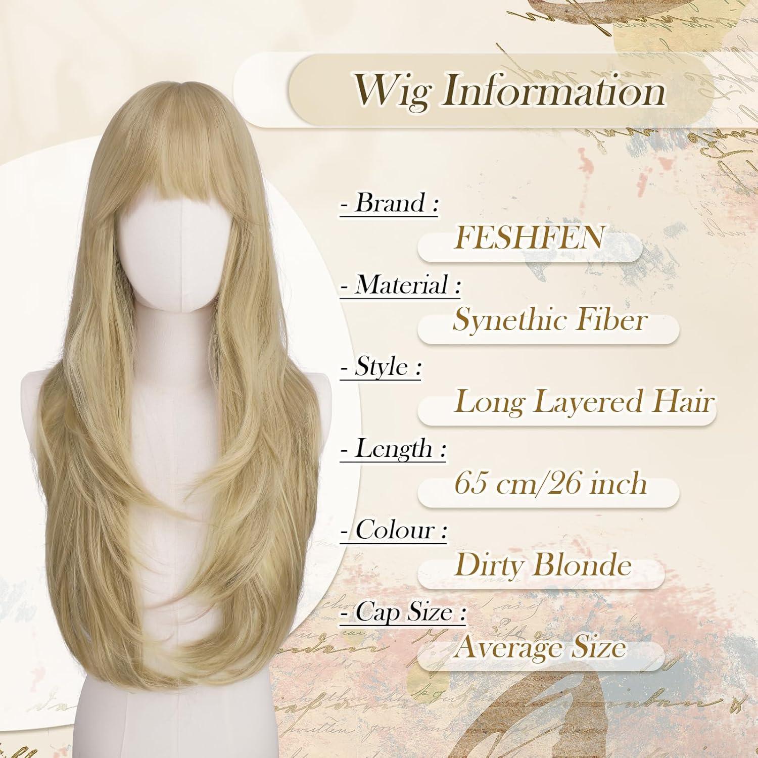 imageFESHFEN Wigs for Women Long Layered Wigs with Curtain Bangs Natural Looking Synthetic Heat Resistant Hair Wig for Daily Use Party 26 inch Ombre BrownDirty Blonde