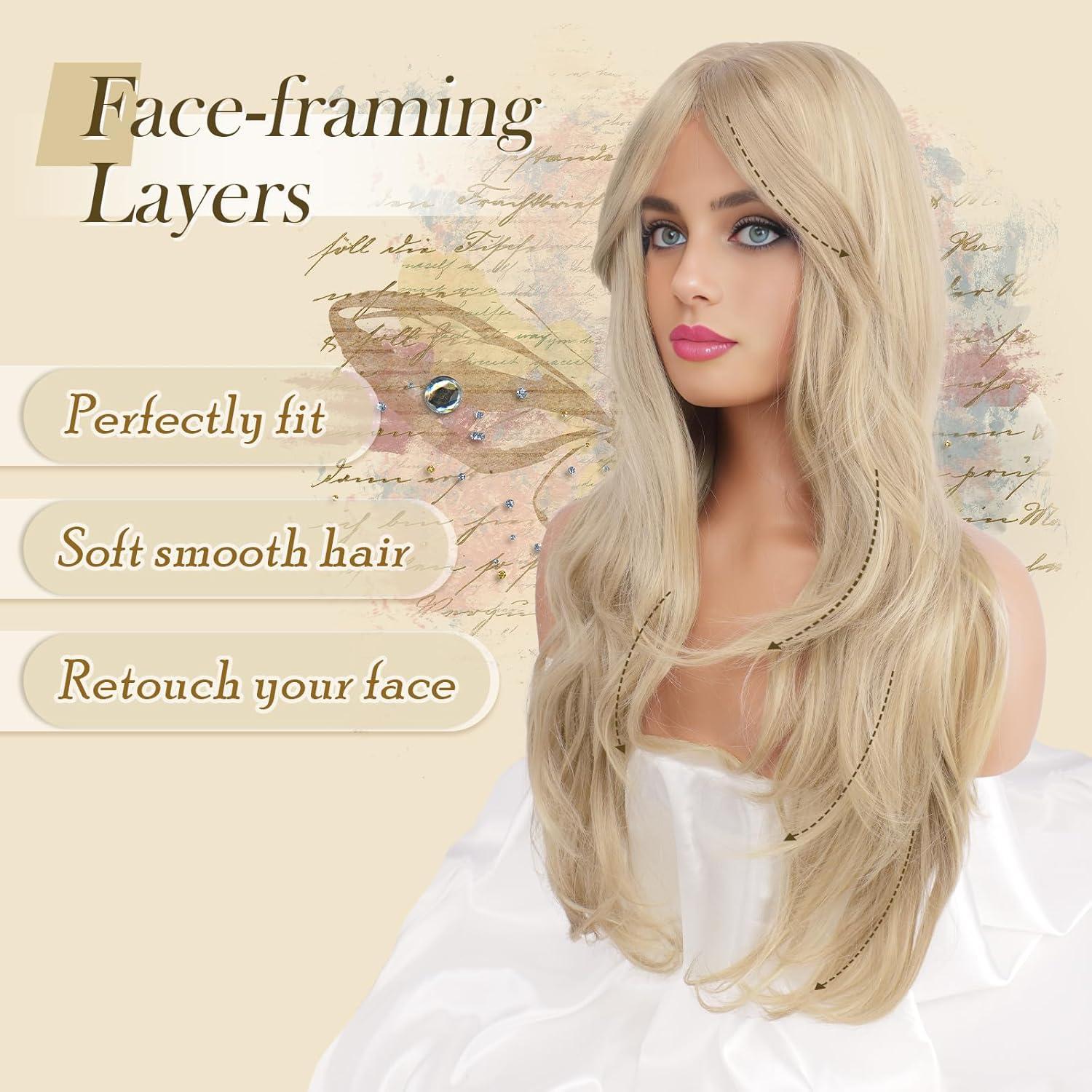 imageFESHFEN Wigs for Women Long Layered Wigs with Curtain Bangs Natural Looking Synthetic Heat Resistant Hair Wig for Daily Use Party 26 inch Ombre BrownDirty Blonde