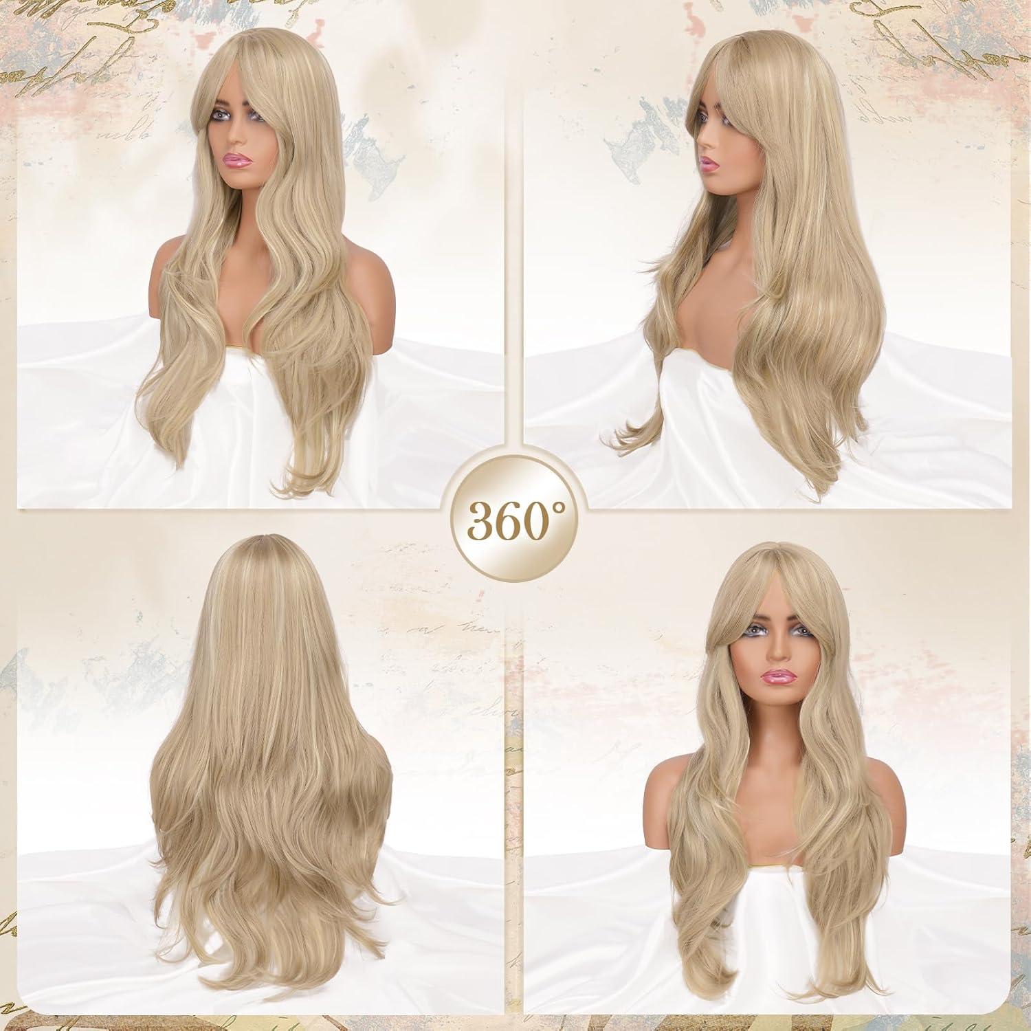 imageFESHFEN Wigs for Women Long Layered Wigs with Curtain Bangs Natural Looking Synthetic Heat Resistant Hair Wig for Daily Use Party 26 inch Ombre BrownDirty Blonde