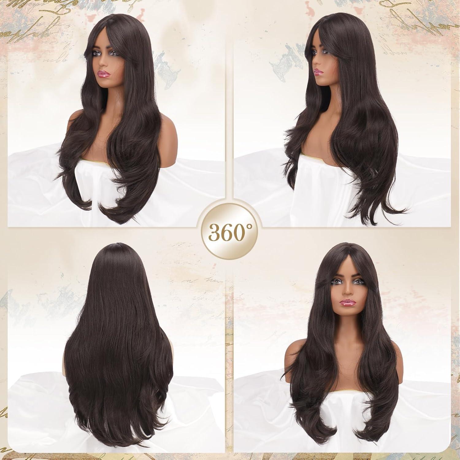 imageFESHFEN Wigs for Women Long Layered Wigs with Curtain Bangs Natural Looking Synthetic Heat Resistant Hair Wig for Daily Use Party 26 inch Ombre BrownMedium Brown