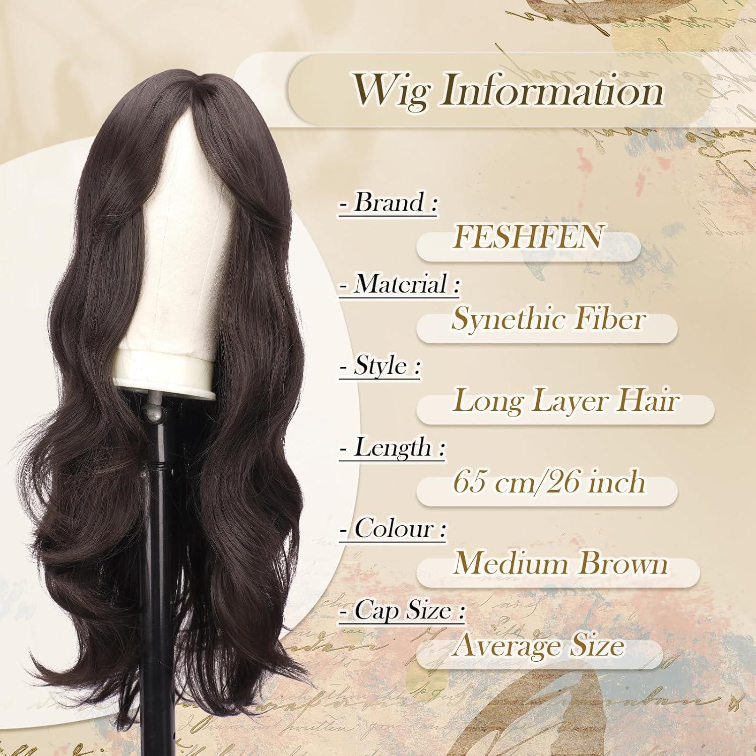 imageFESHFEN Wigs for Women Long Layered Wigs with Curtain Bangs Natural Looking Synthetic Heat Resistant Hair Wig for Daily Use Party 26 inch Ombre BrownMedium Brown