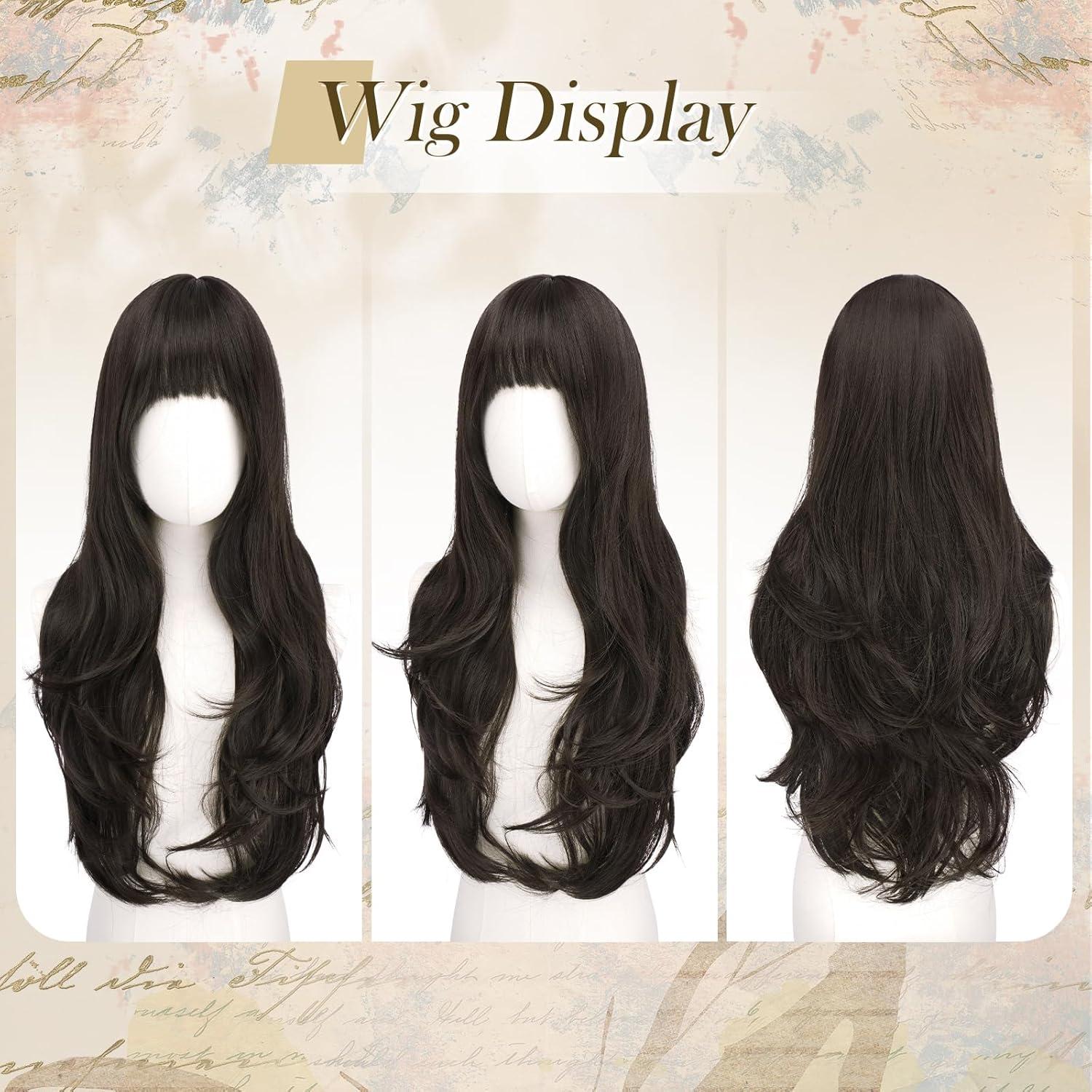 imageFESHFEN Wigs for Women Long Layered Wigs with Curtain Bangs Natural Looking Synthetic Heat Resistant Hair Wig for Daily Use Party 26 inch Ombre BrownMedium Brown