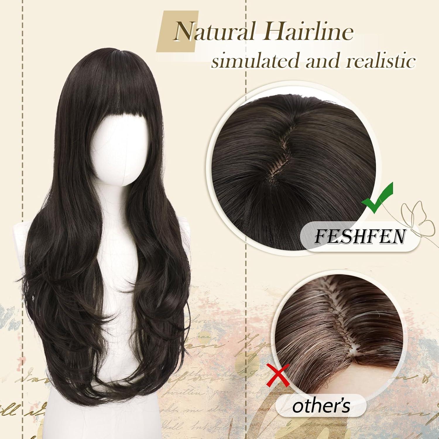 imageFESHFEN Wigs for Women Long Layered Wigs with Curtain Bangs Natural Looking Synthetic Heat Resistant Hair Wig for Daily Use Party 26 inch Ombre BrownMedium Brown
