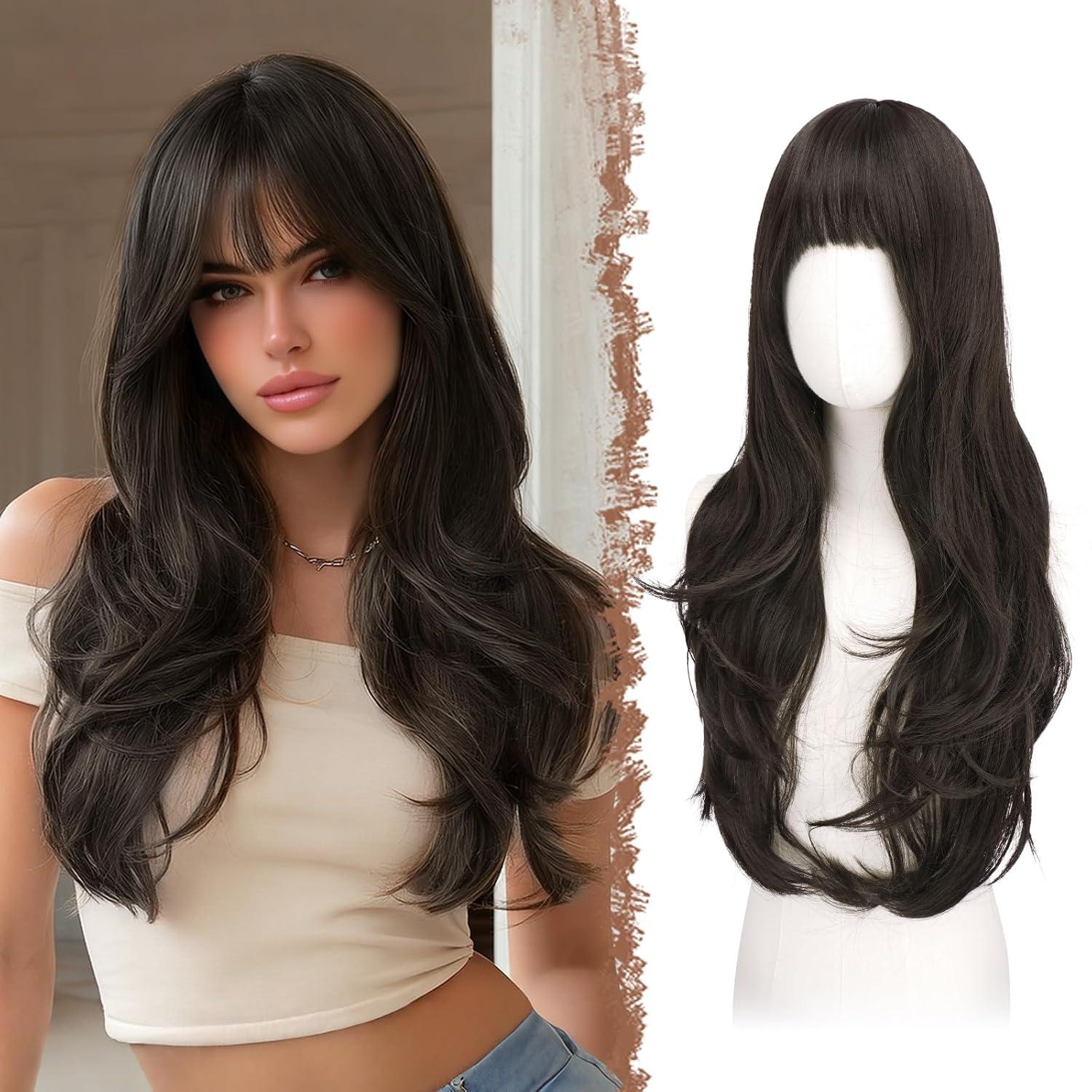 imageFESHFEN Wigs for Women Long Layered Wigs with Curtain Bangs Natural Looking Synthetic Heat Resistant Hair Wig for Daily Use Party 26 inch Ombre BrownMedium Brown