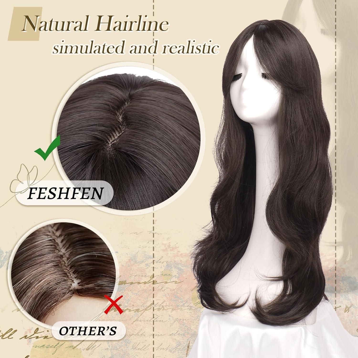 imageFESHFEN Wigs for Women Long Layered Wigs with Curtain Bangs Natural Looking Synthetic Heat Resistant Hair Wig for Daily Use Party 26 inch Ombre BrownMedium Brown