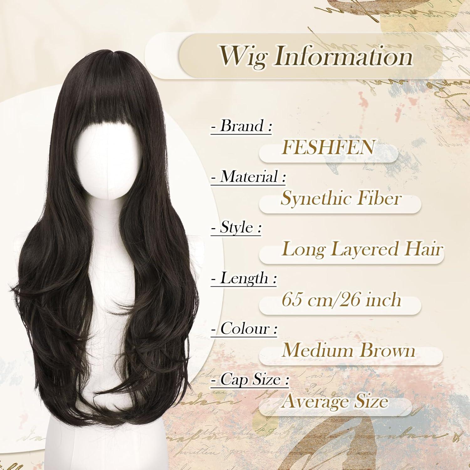imageFESHFEN Wigs for Women Long Layered Wigs with Curtain Bangs Natural Looking Synthetic Heat Resistant Hair Wig for Daily Use Party 26 inch Ombre BrownMedium Brown