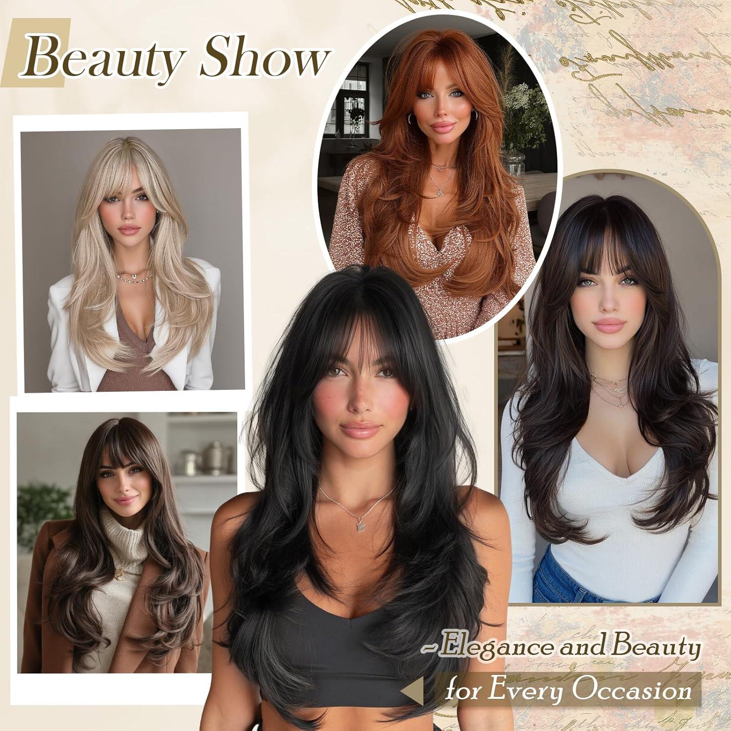 imageFESHFEN Wigs for Women Long Layered Wigs with Curtain Bangs Natural Looking Synthetic Heat Resistant Hair Wig for Daily Use Party 26 inch Ombre BrownMedium Brown