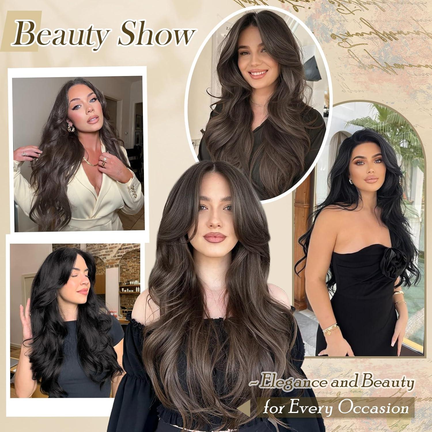 imageFESHFEN Wigs for Women Long Layered Wigs with Curtain Bangs Natural Looking Synthetic Heat Resistant Hair Wig for Daily Use Party 26 inch Ombre BrownMedium Brown