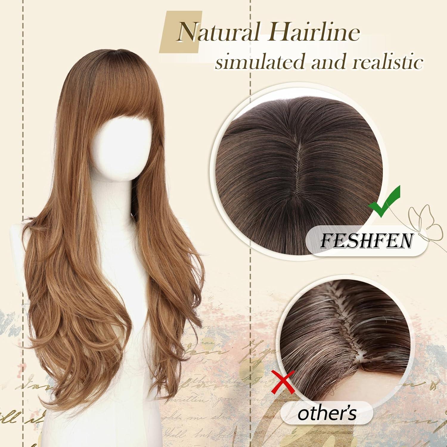 imageFESHFEN Wigs for Women Long Layered Wigs with Curtain Bangs Natural Looking Synthetic Heat Resistant Hair Wig for Daily Use Party 26 inch Ombre BrownOmbre Brown