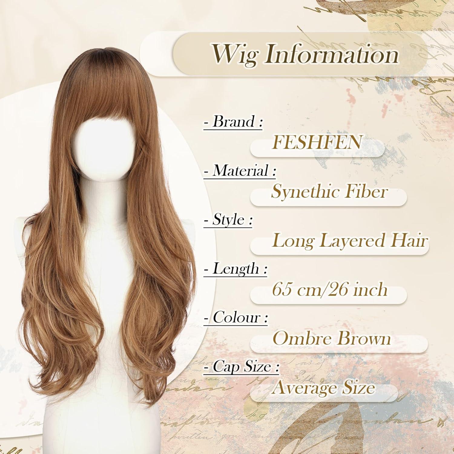 imageFESHFEN Wigs for Women Long Layered Wigs with Curtain Bangs Natural Looking Synthetic Heat Resistant Hair Wig for Daily Use Party 26 inch Ombre BrownOmbre Brown