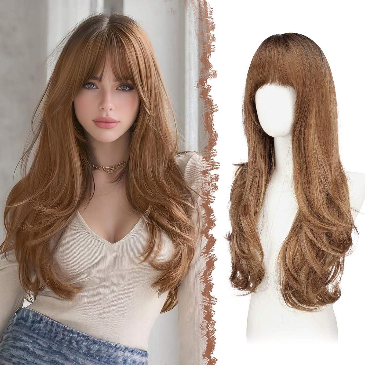 imageFESHFEN Wigs for Women Long Layered Wigs with Curtain Bangs Natural Looking Synthetic Heat Resistant Hair Wig for Daily Use Party 26 inch Ombre BrownOmbre Brown