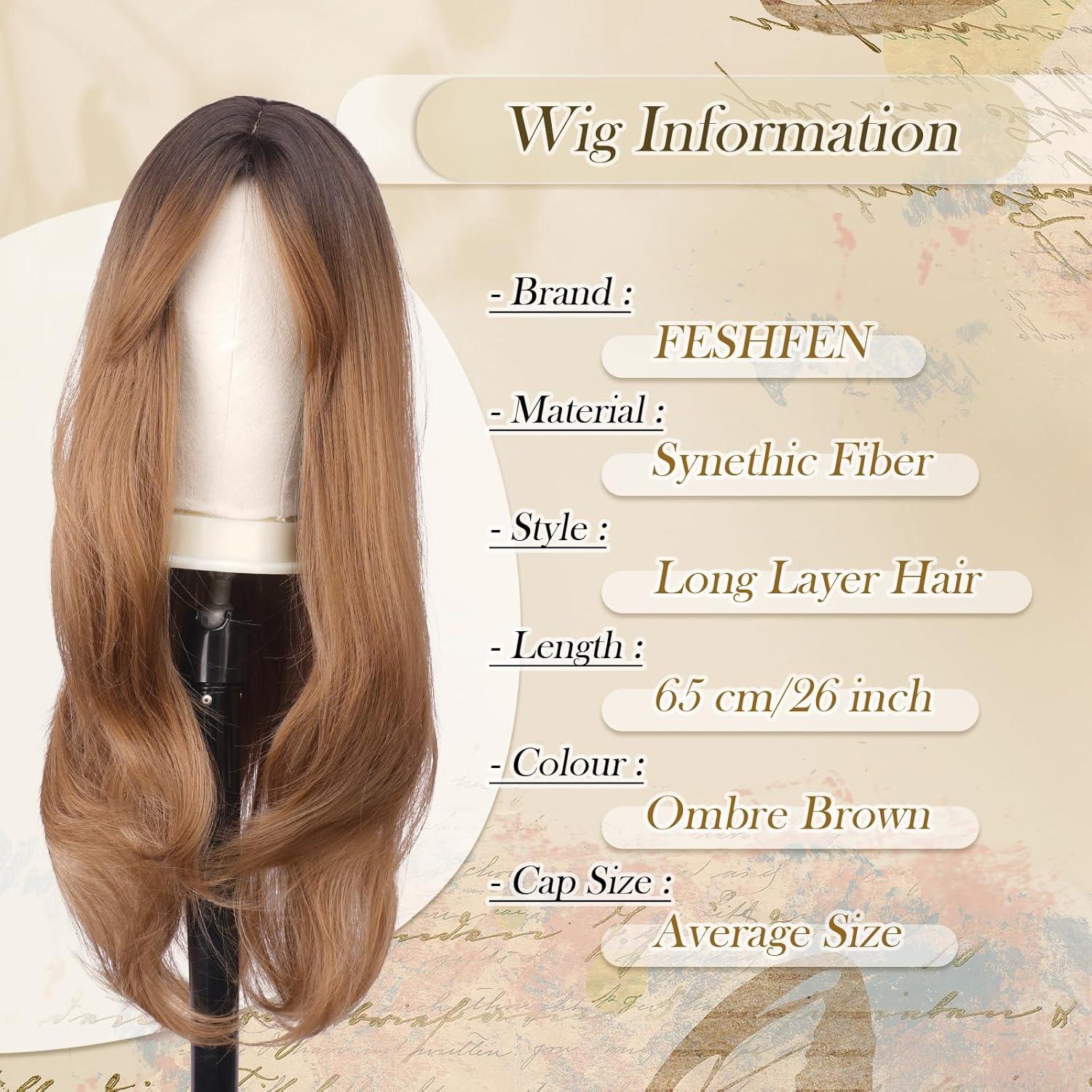 imageFESHFEN Wigs for Women Long Layered Wigs with Curtain Bangs Natural Looking Synthetic Heat Resistant Hair Wig for Daily Use Party 26 inch Ombre BrownOmbre Brown